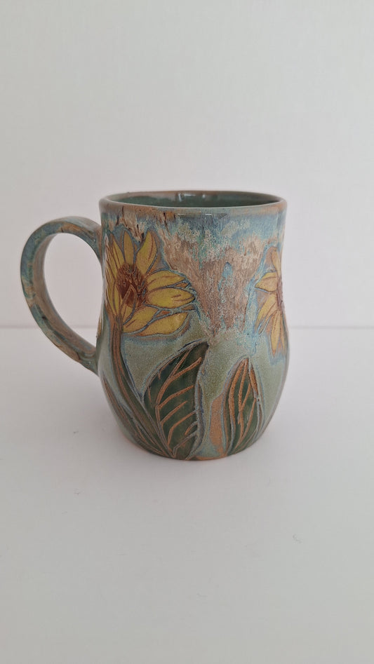 Hand Carved Botanical Stoneware Mug – Sunflowers - One of a Kind Sgraffito Mug