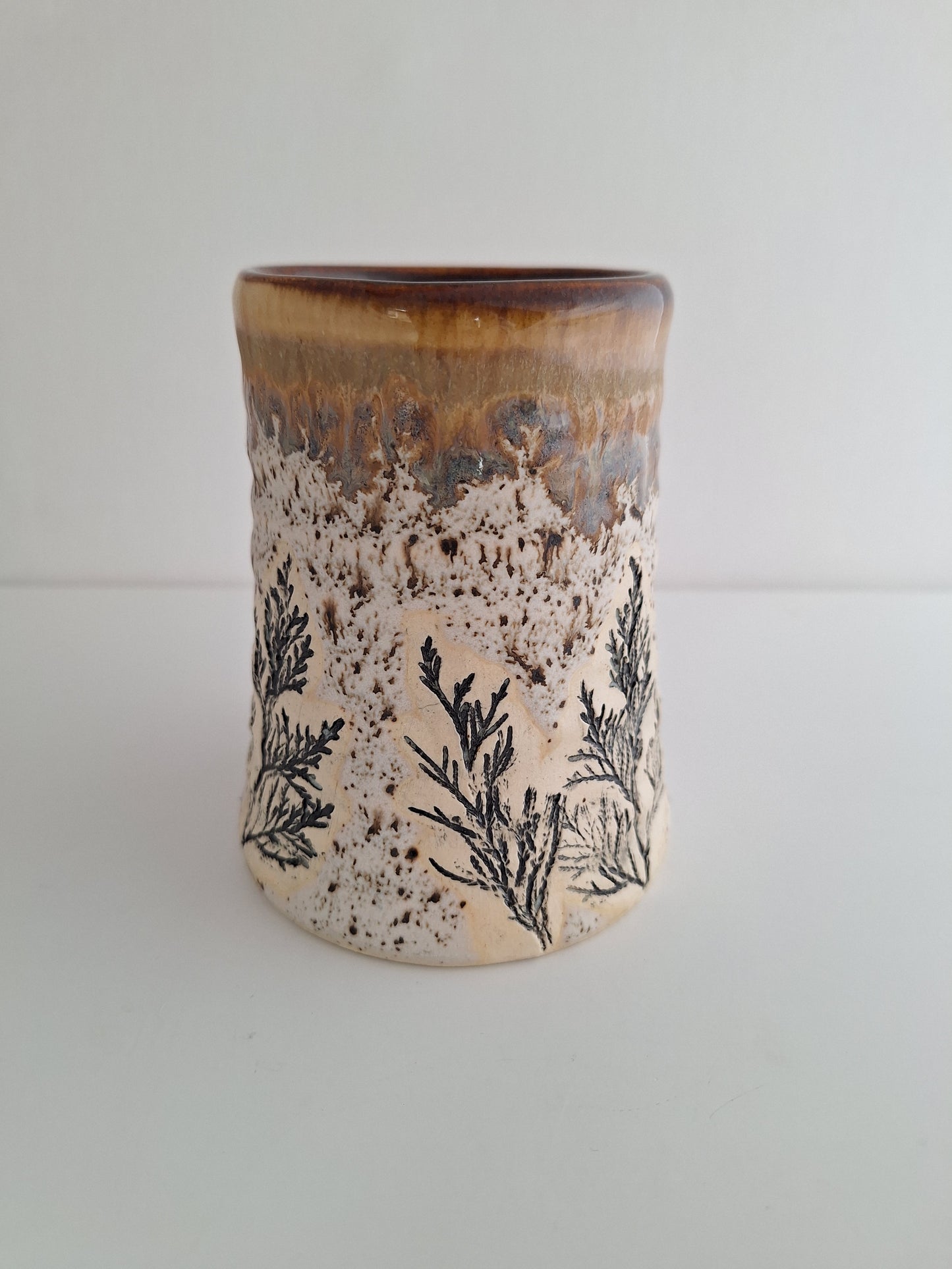 Hand Pressed Botanical Stoneware Mug – Juniper, One of a Kind Handmade Mug