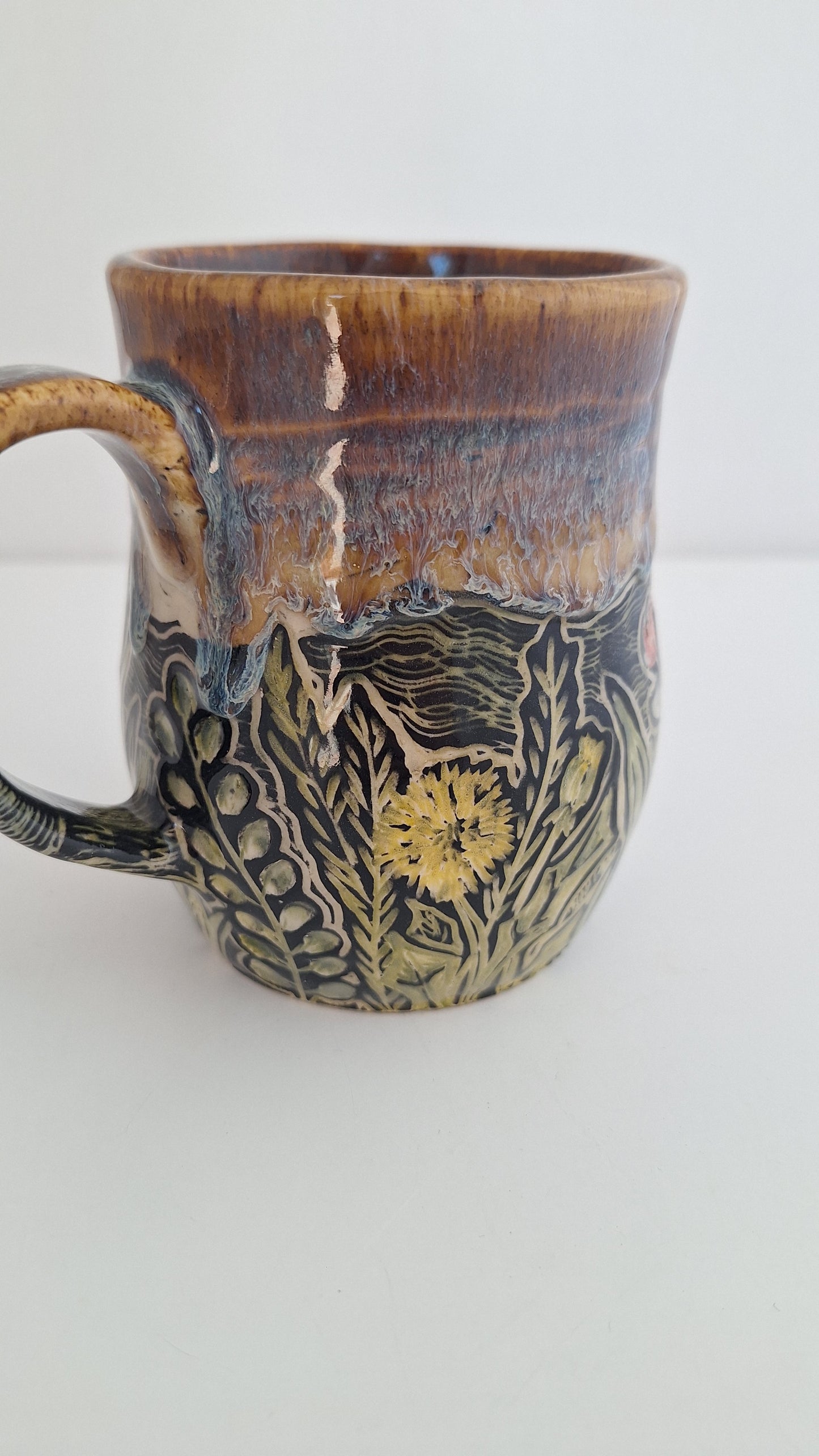 Hand Carved Botanical Stoneware Mug – Barn & Farm Field - One of a Kind Sgraffito Mug