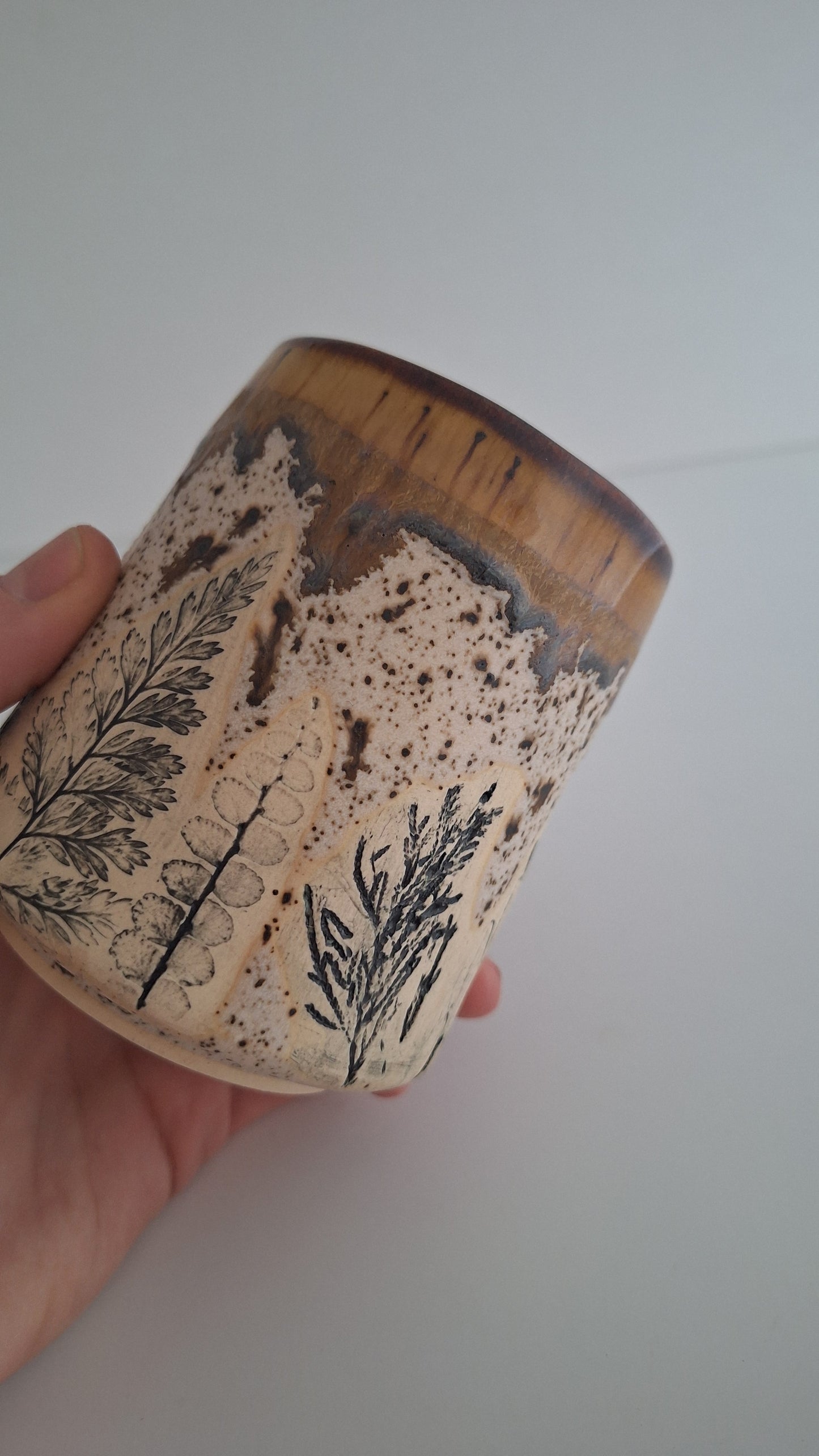 Botanical Imprint Stemless Wine Cup — One of a Kind Stoneware Tumbler - #4