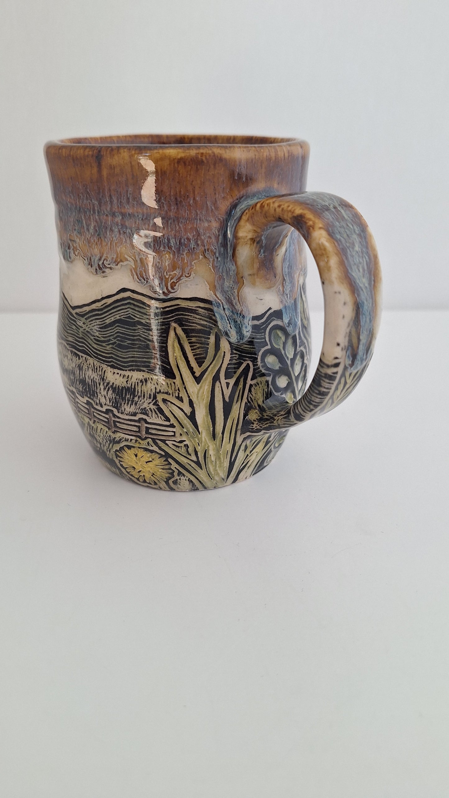 Hand Carved Botanical Stoneware Mug – Barn & Farm Field - One of a Kind Sgraffito Mug