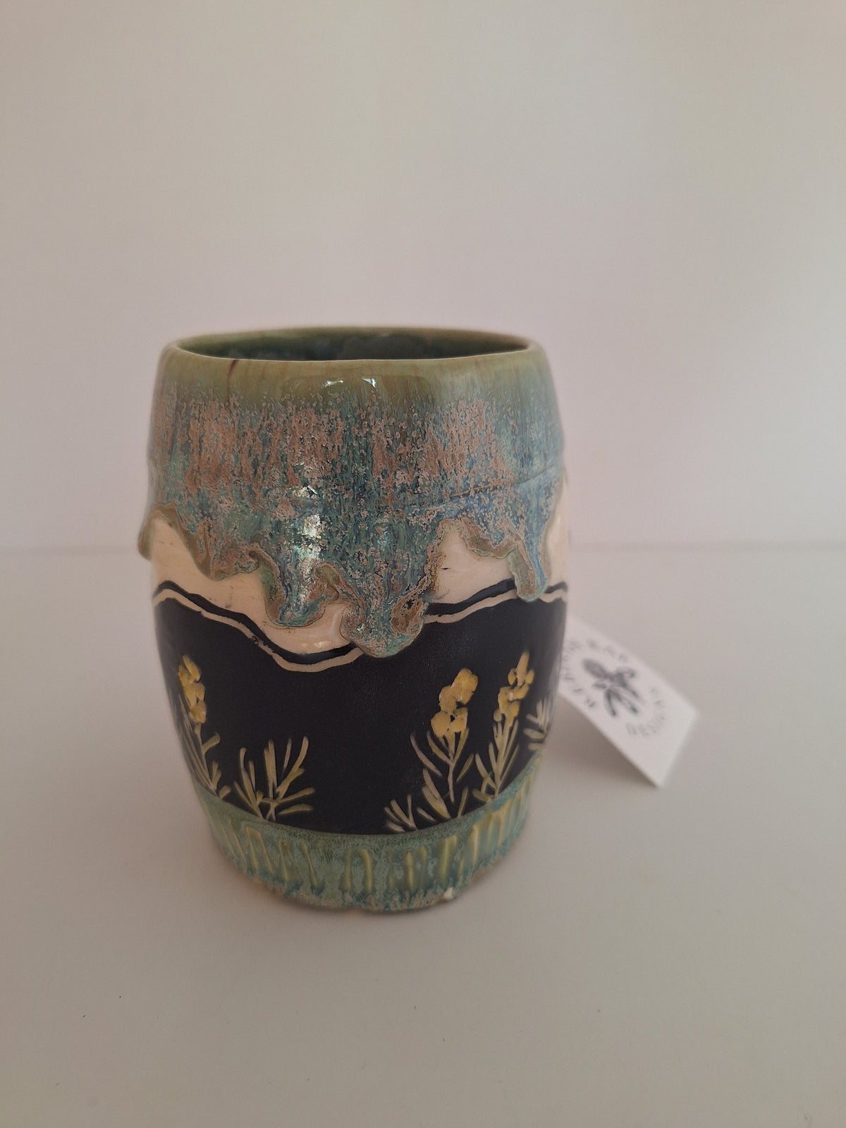 Endless Mountain Mug - Hand Carved Botanical Stoneware - Sgraffito