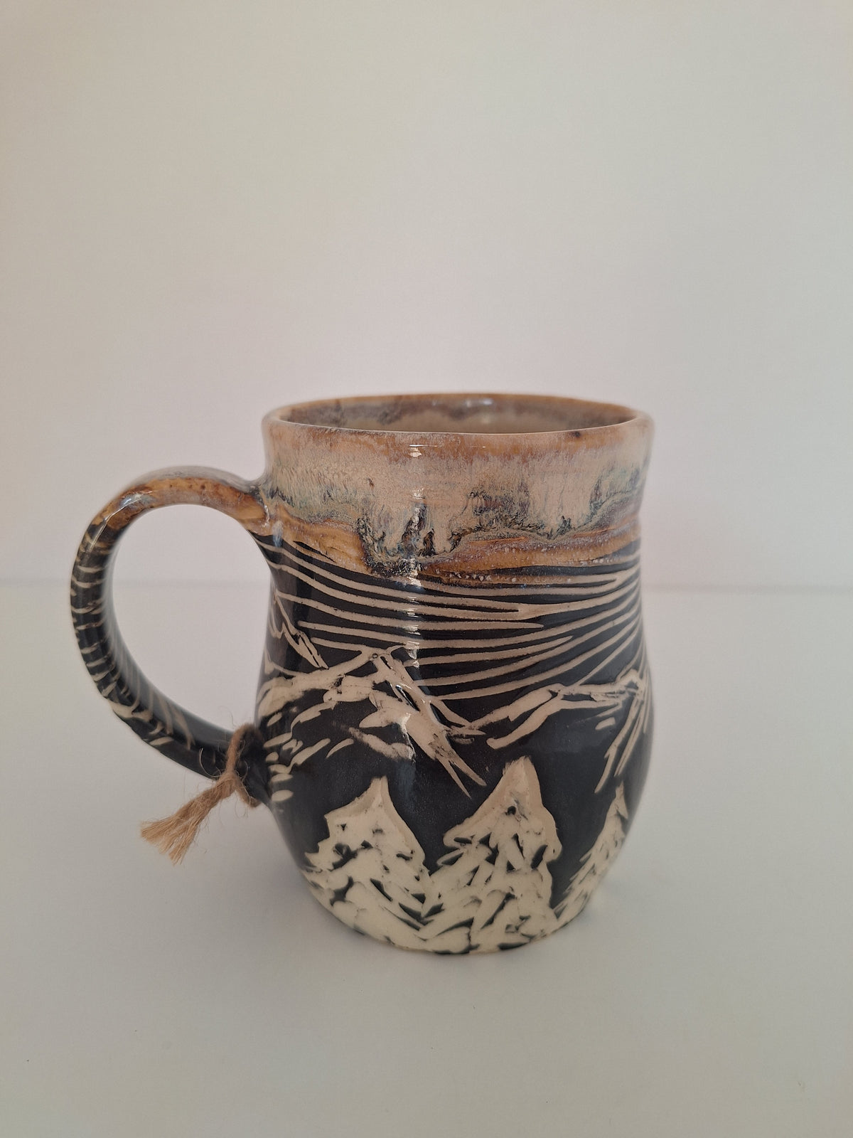 Sunrise Mountain Mug - Hand Carved Botanical Stoneware - Sgraffito
