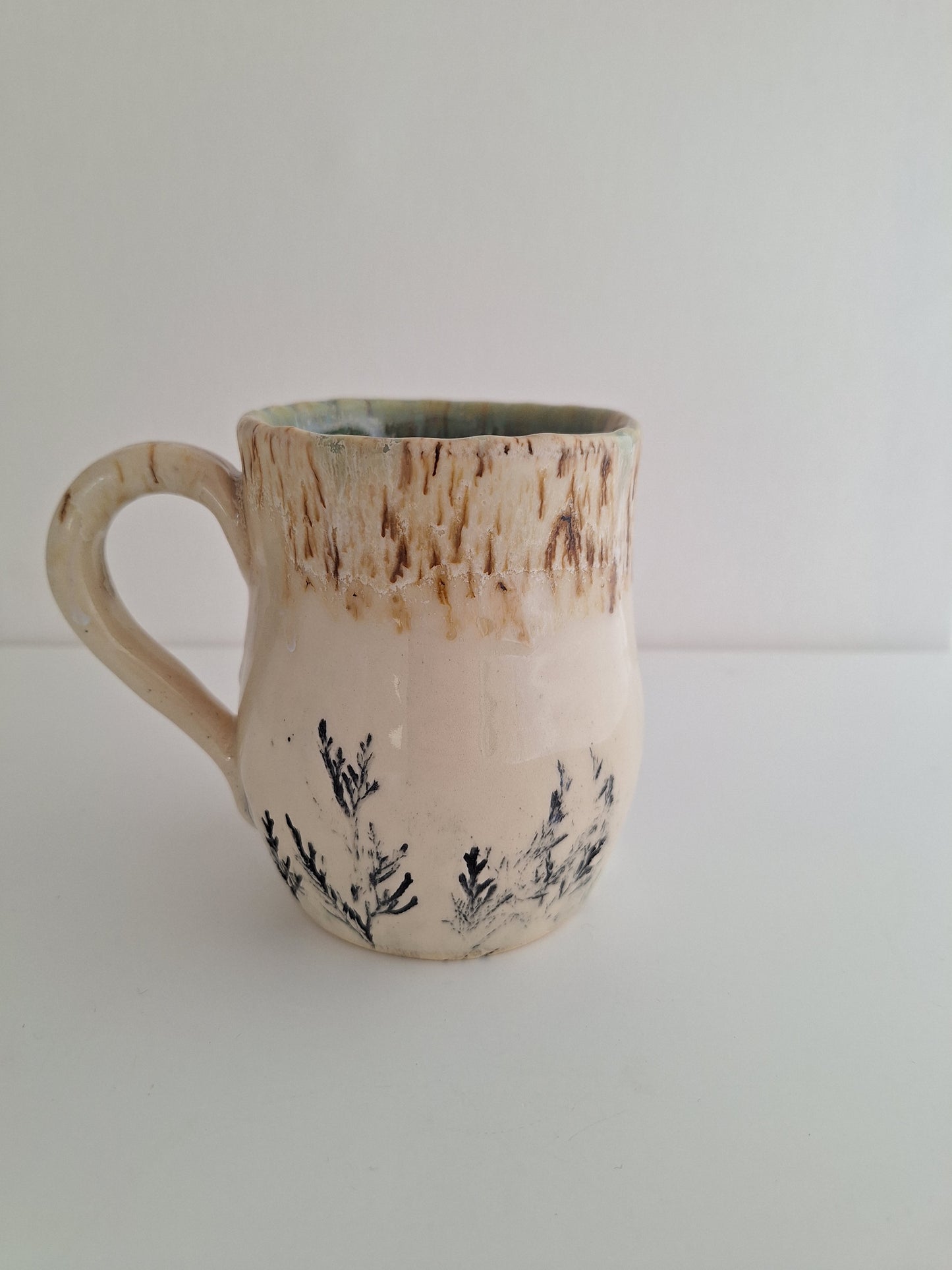 Hand Pressed Botanical Stoneware Mug – Be Still, One of a Kind Handmade Mug