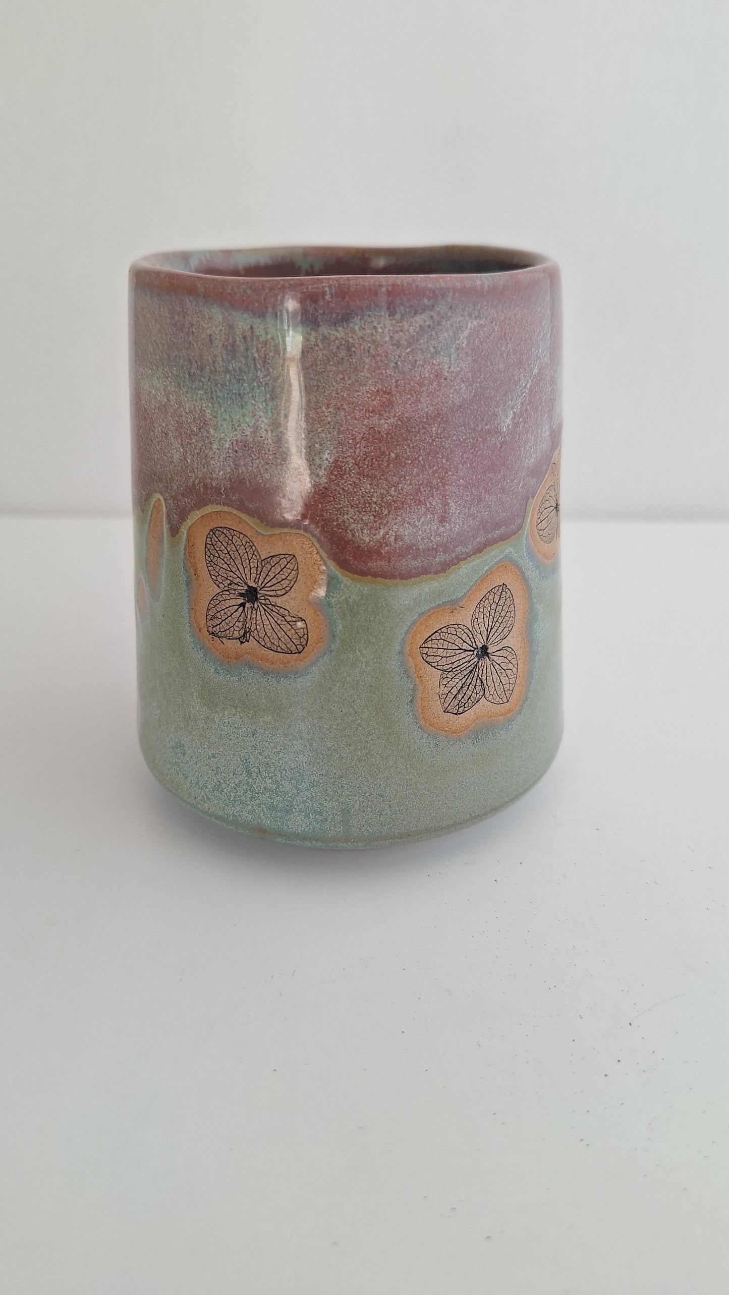 Hydrangea Tumbler - Hand Pressed Botanical Stoneware Mug – One of a Kind Handmade Mulled Wine cup