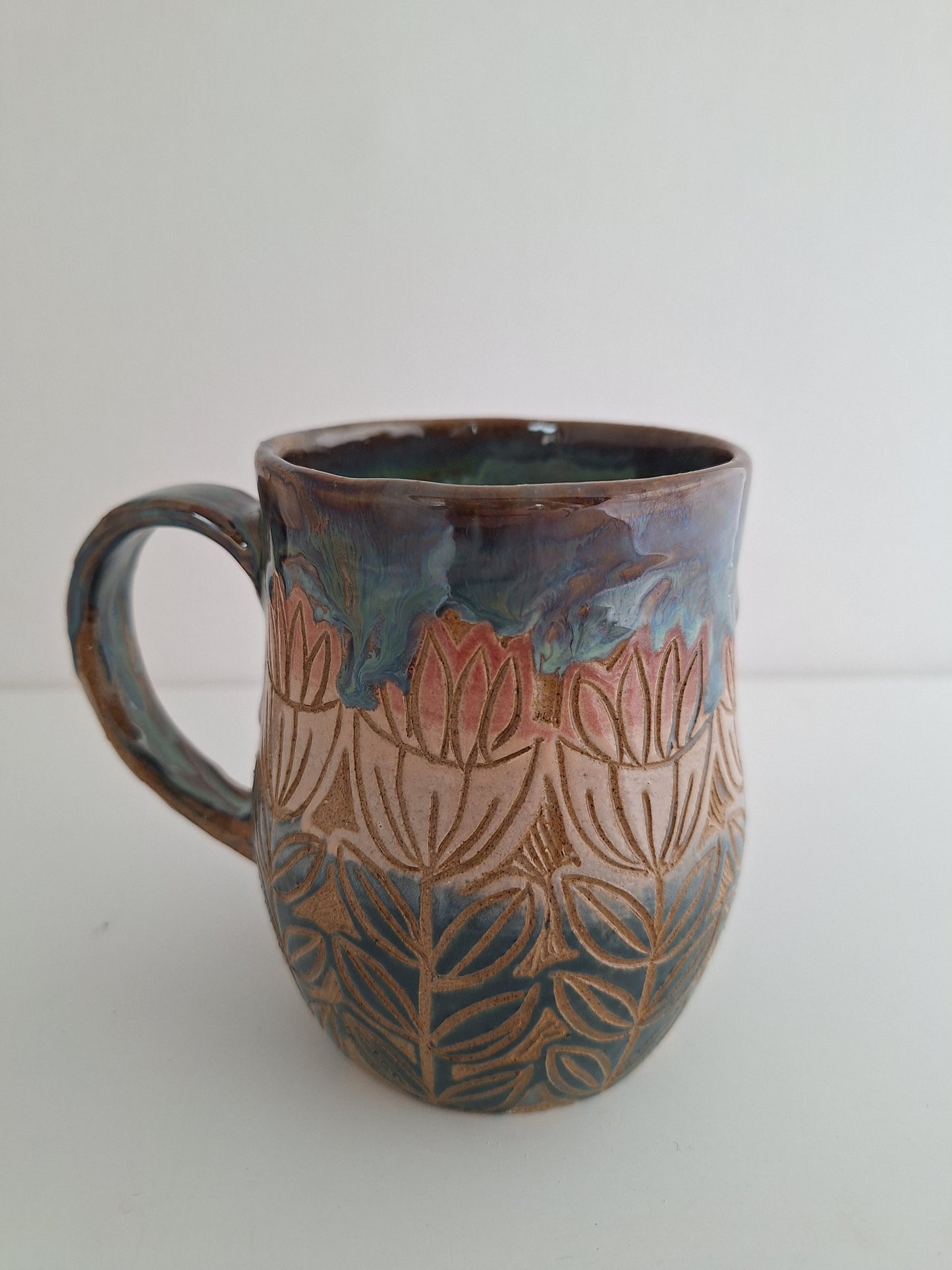 Hand Carved Botanical Stoneware Mug – Tulip Floral - One of a Kind Sgraffito Mug