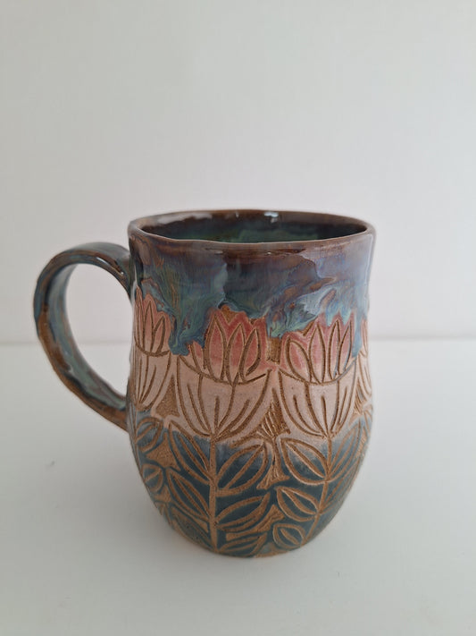 Hand Carved Botanical Stoneware Mug – Tulip Floral - One of a Kind Sgraffito Mug
