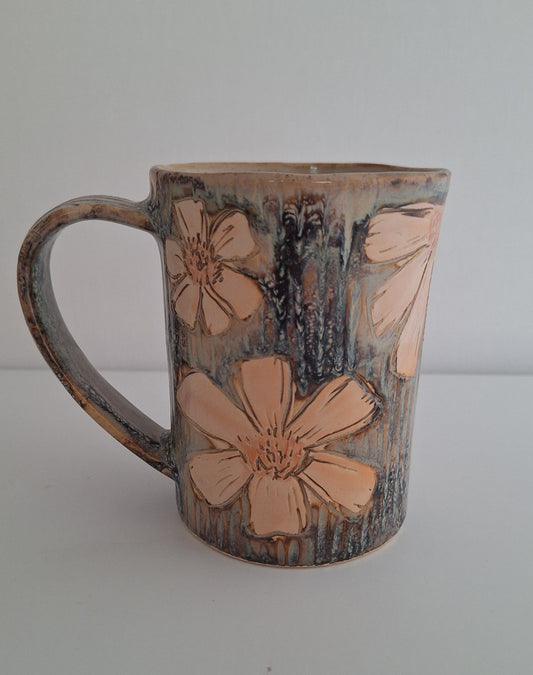 Hand Carved Botanical Stoneware Mug – Cosmo Floral - One of a Kind Sgraffito Mug
