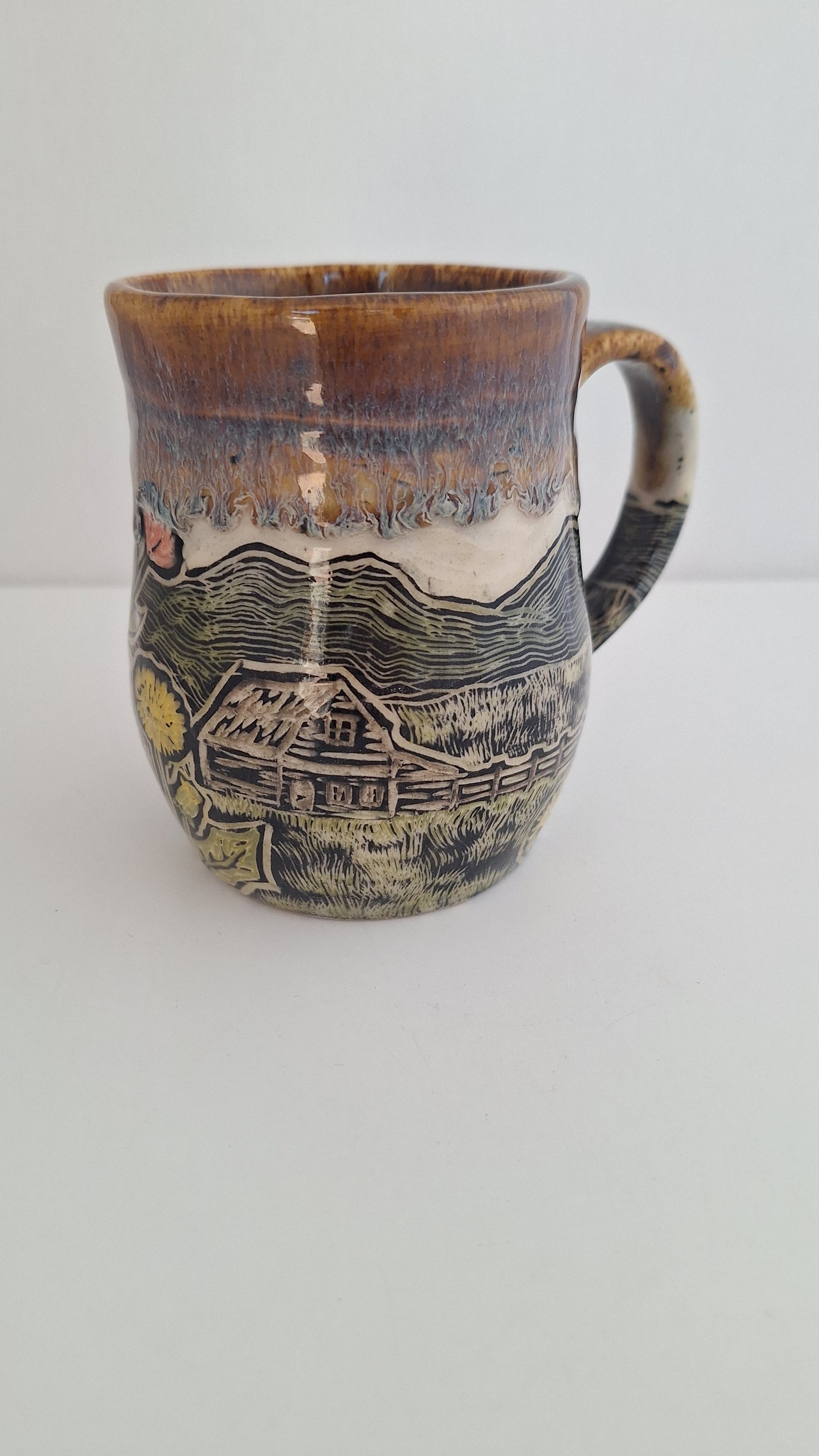 Hand Carved Botanical Stoneware Mug – Barn & Farm Field - One of a Kind Sgraffito Mug