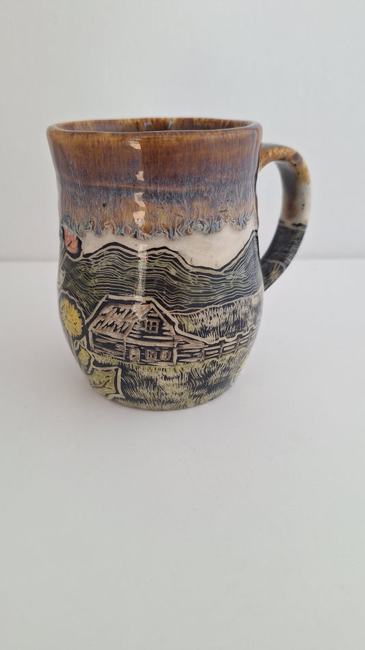 Hand Carved Botanical Stoneware Mug – Barn & Farm Field - One of a Kind Sgraffito Mug