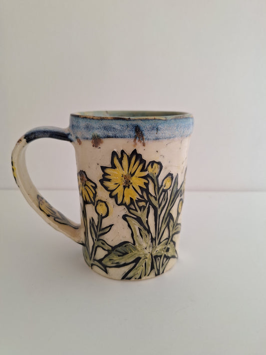 Hand Carved Botanical Stoneware Mug – Brown Eyed Susan Floral - One of a Kind Sgraffito Mug
