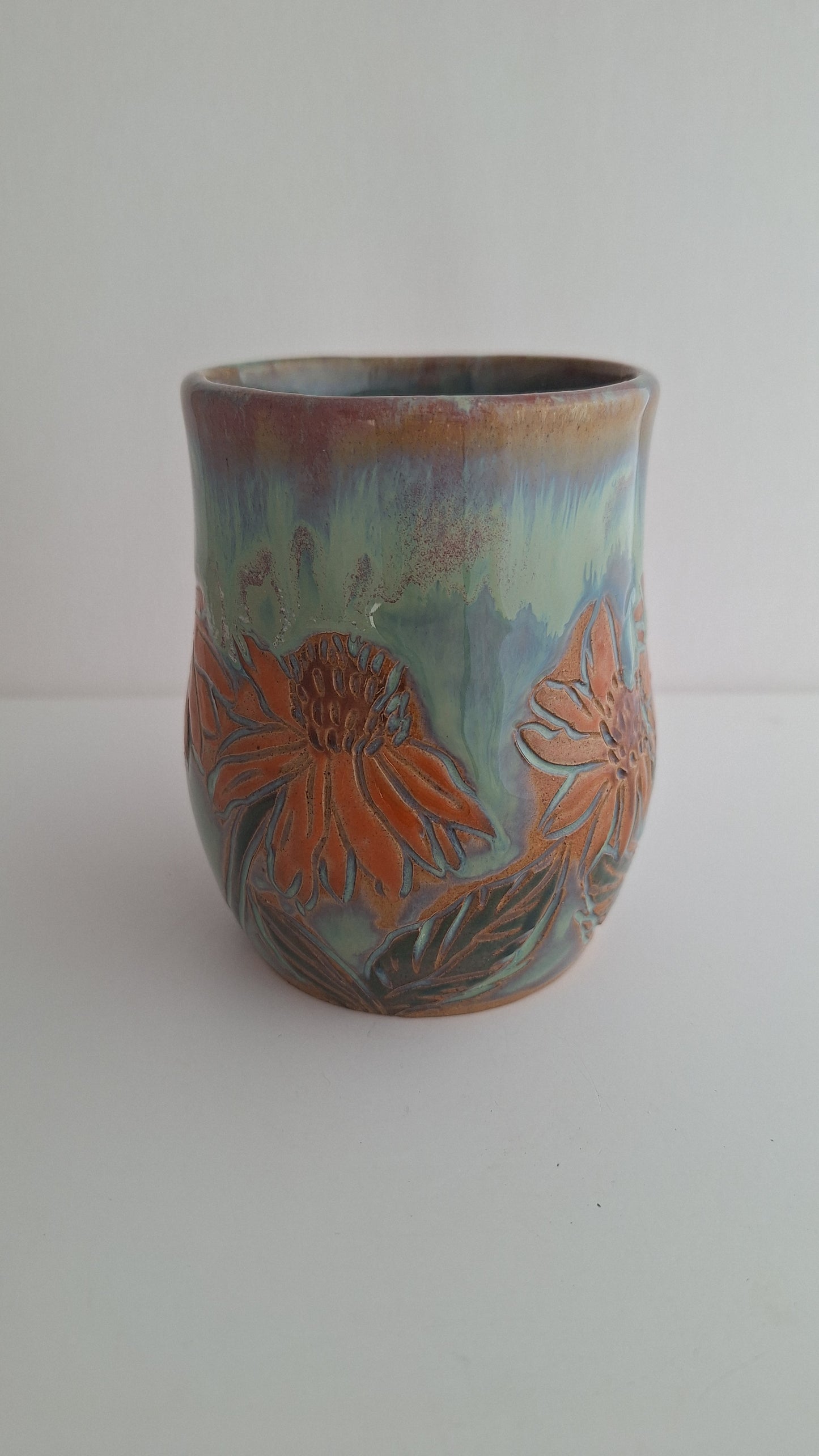 Hand Carved Botanical Stoneware Mug – Sunflowers - One of a Kind Sgraffito Mug