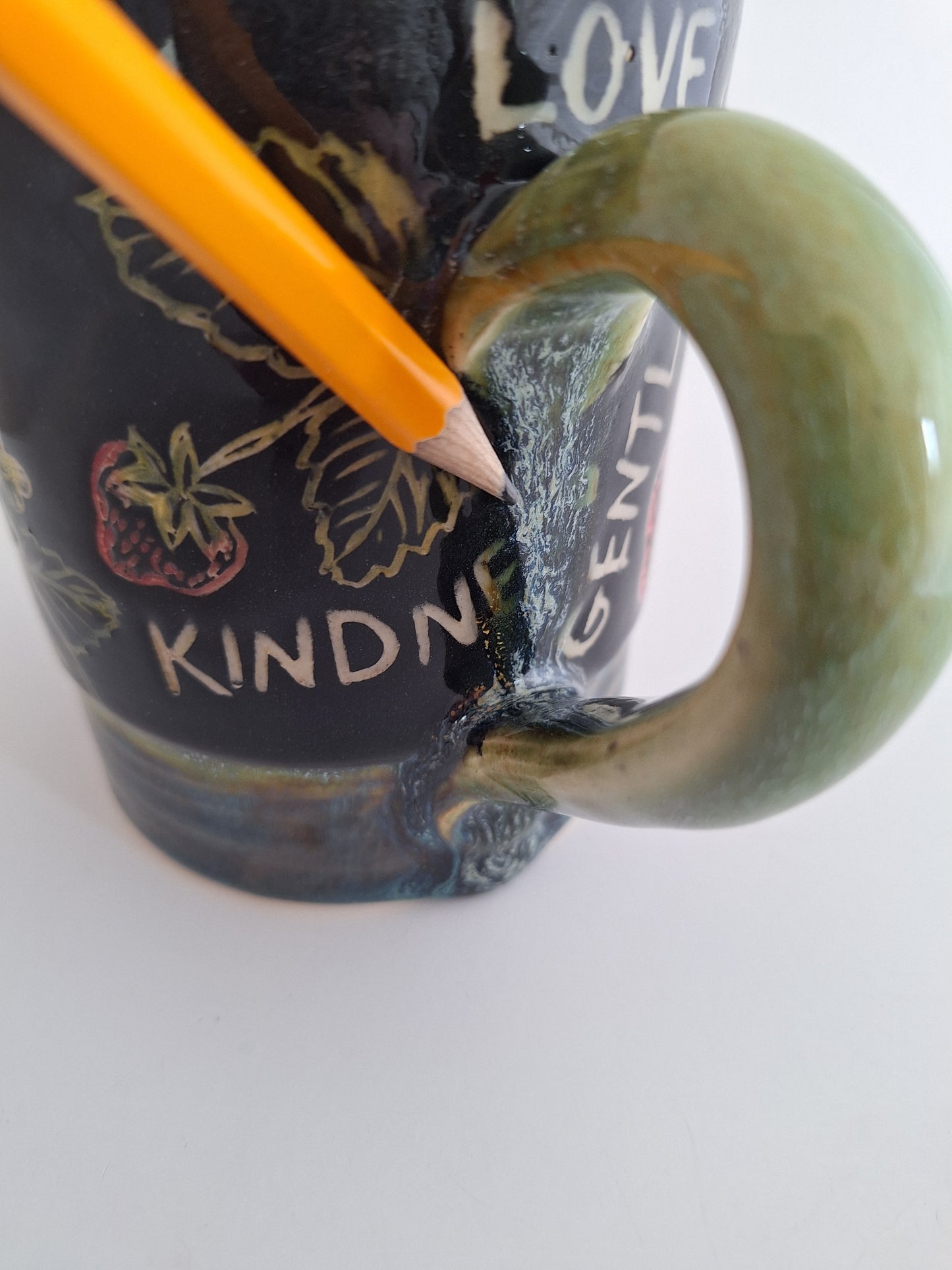 *Perfectly Imperfect* Hand-Carved Fruits of the Spirit Mug – One of a Kind Stoneware Mug