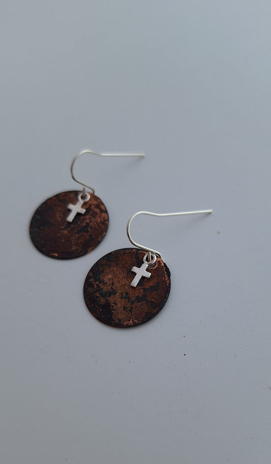 Patina Copper & Cross Earrings