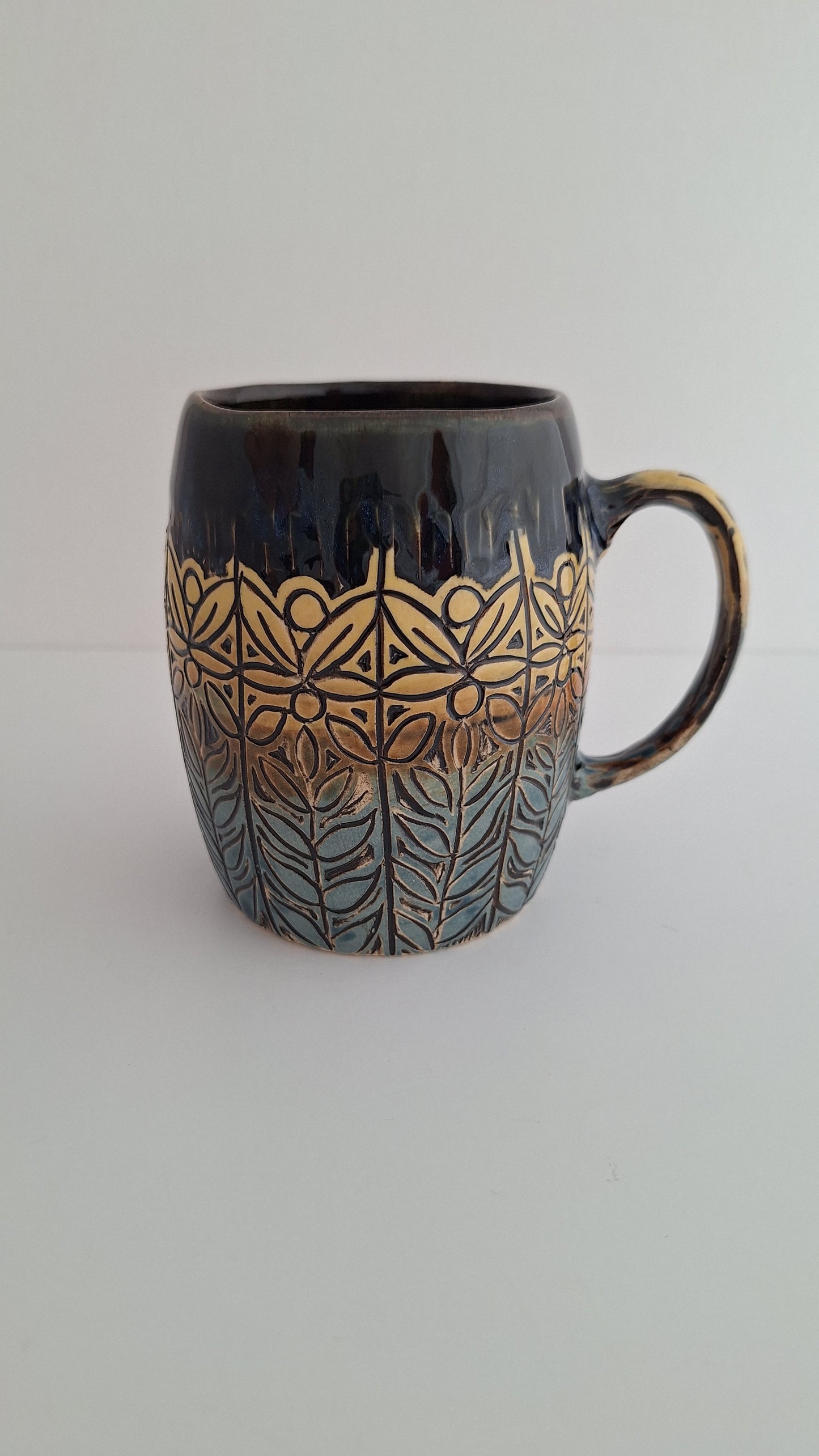 Hand Carved Botanical Stoneware Mug – Folk Pattern Sgraffito Pottery, One of a Kind Handmade Mug