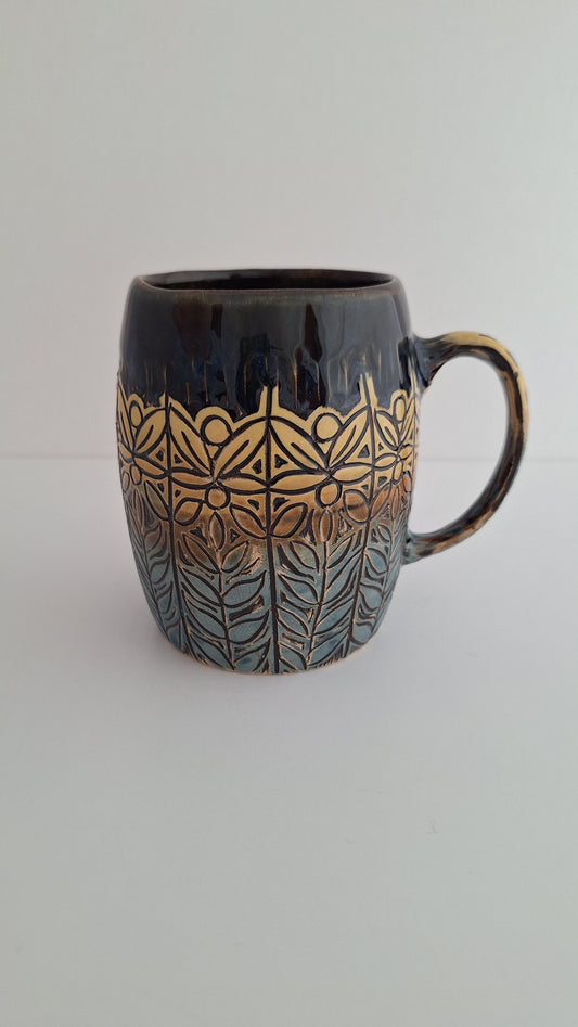 Hand Carved Botanical Stoneware Mug – Folk Pattern Sgraffito Pottery, One of a Kind Handmade Mug