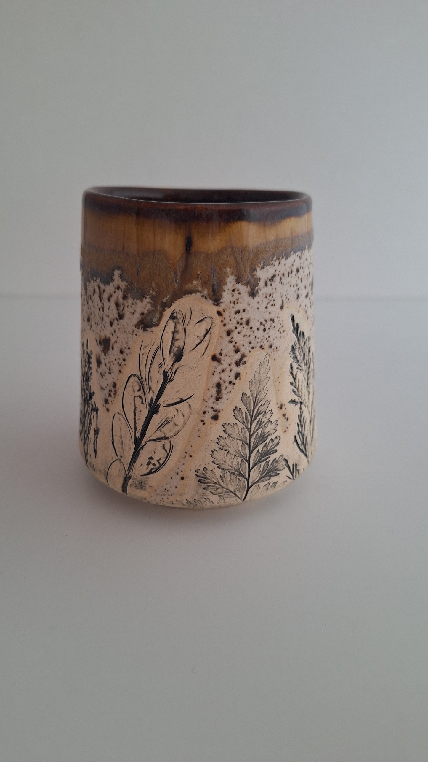 Botanical Imprint Stemless Wine Cup — One of a Kind Stoneware Tumbler - #4