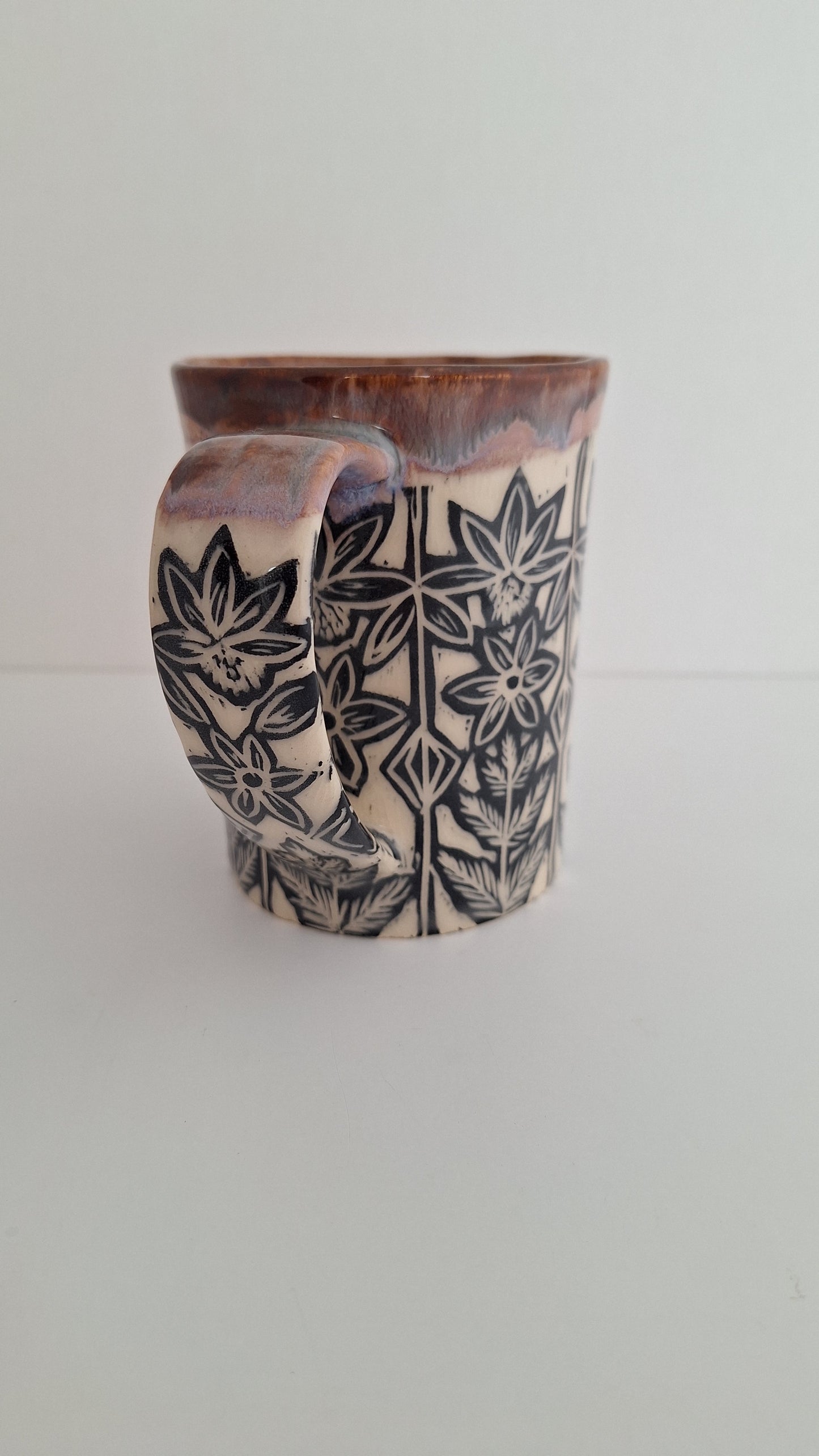 Hand Carved Botanical Stoneware Mug – Echinacea,  Ferns - One of a Kind Sgraffito Mug