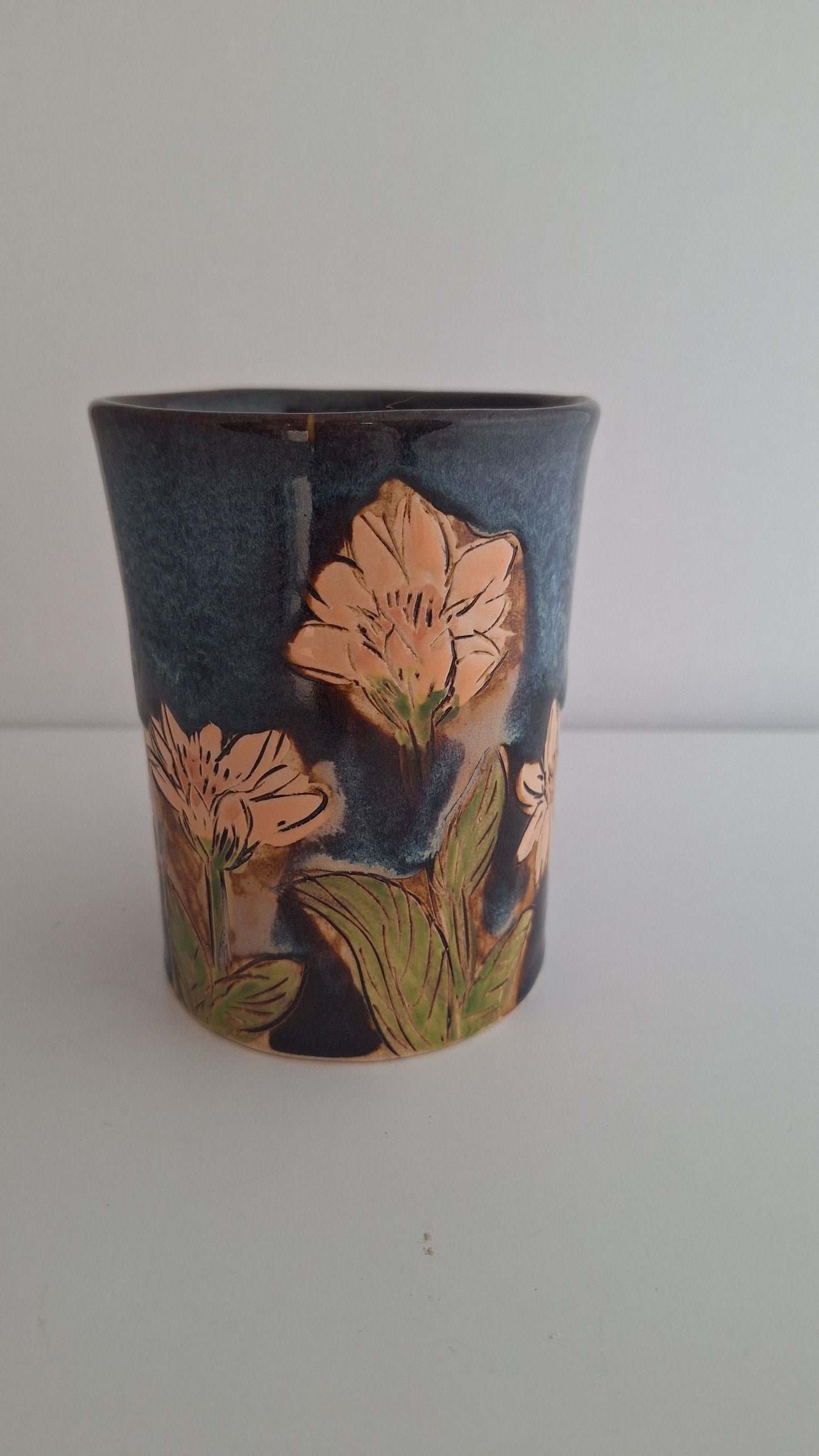 Hand Carved Botanical Stoneware Mug – Cosmo Floral - One of a Kind Sgraffito Mug
