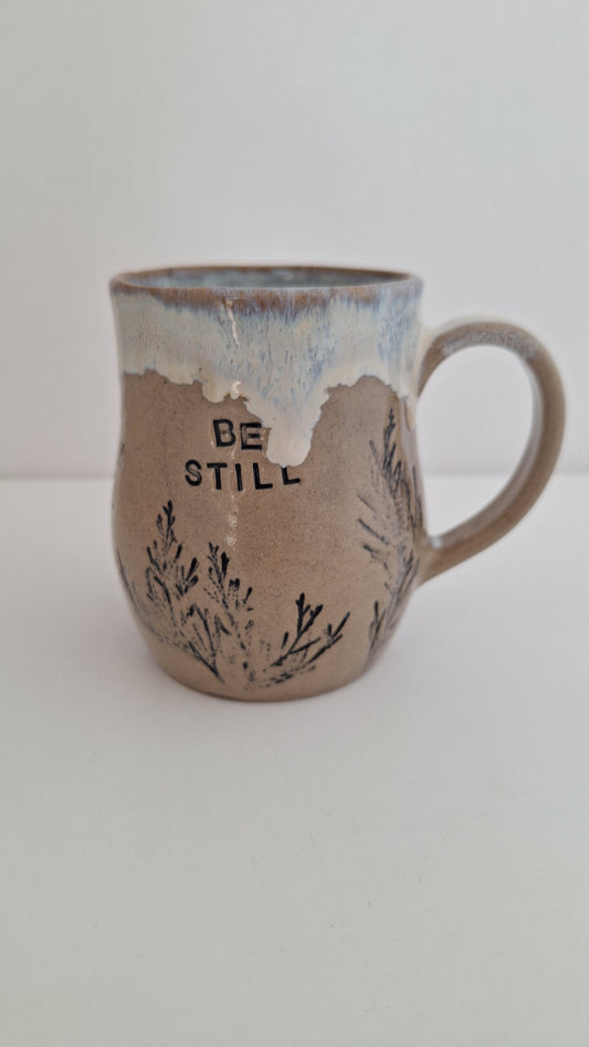 Be Still - Hand Pressed Botanical Stoneware Mug Juniper, One of a Kind Handmade Mug