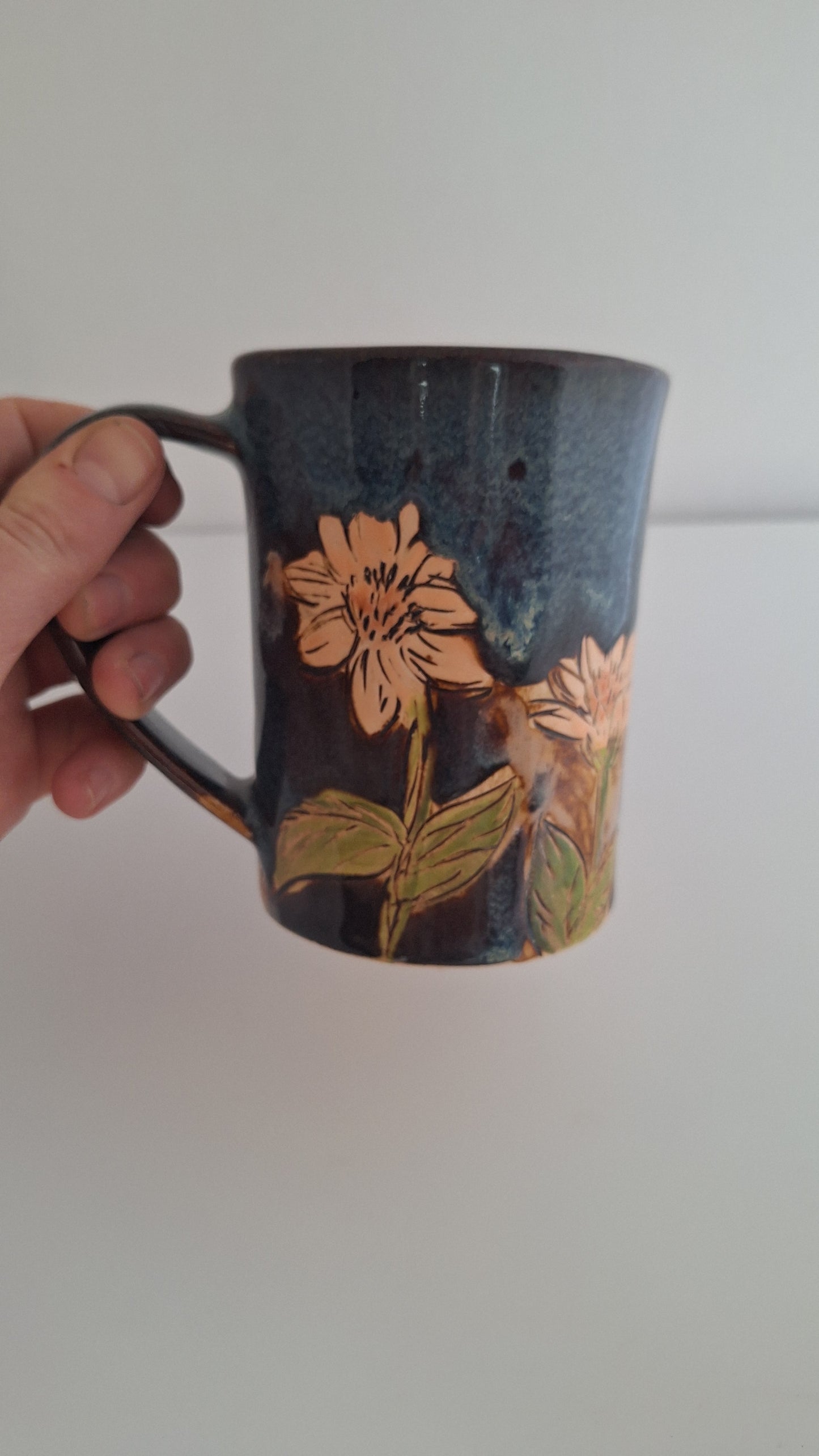 Hand Carved Botanical Stoneware Mug – Cosmo Floral - One of a Kind Sgraffito Mug
