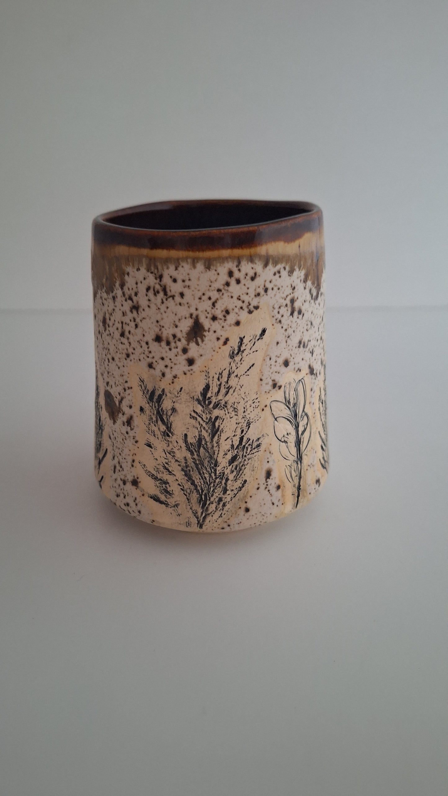 Botanical Imprint Stemless Wine Cup — One of a Kind Stoneware Tumbler - #2