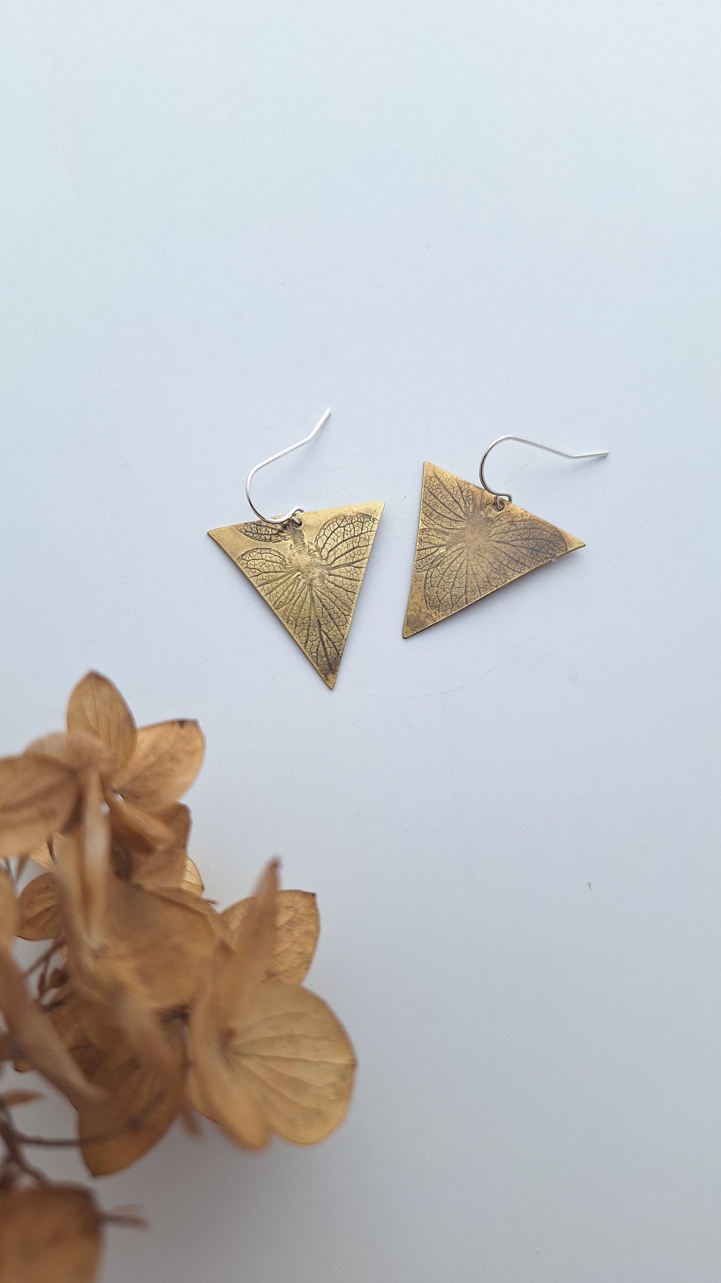 Pressed Hydrangea Brass Earrings — Botanical Imprint (One of a Kind)
