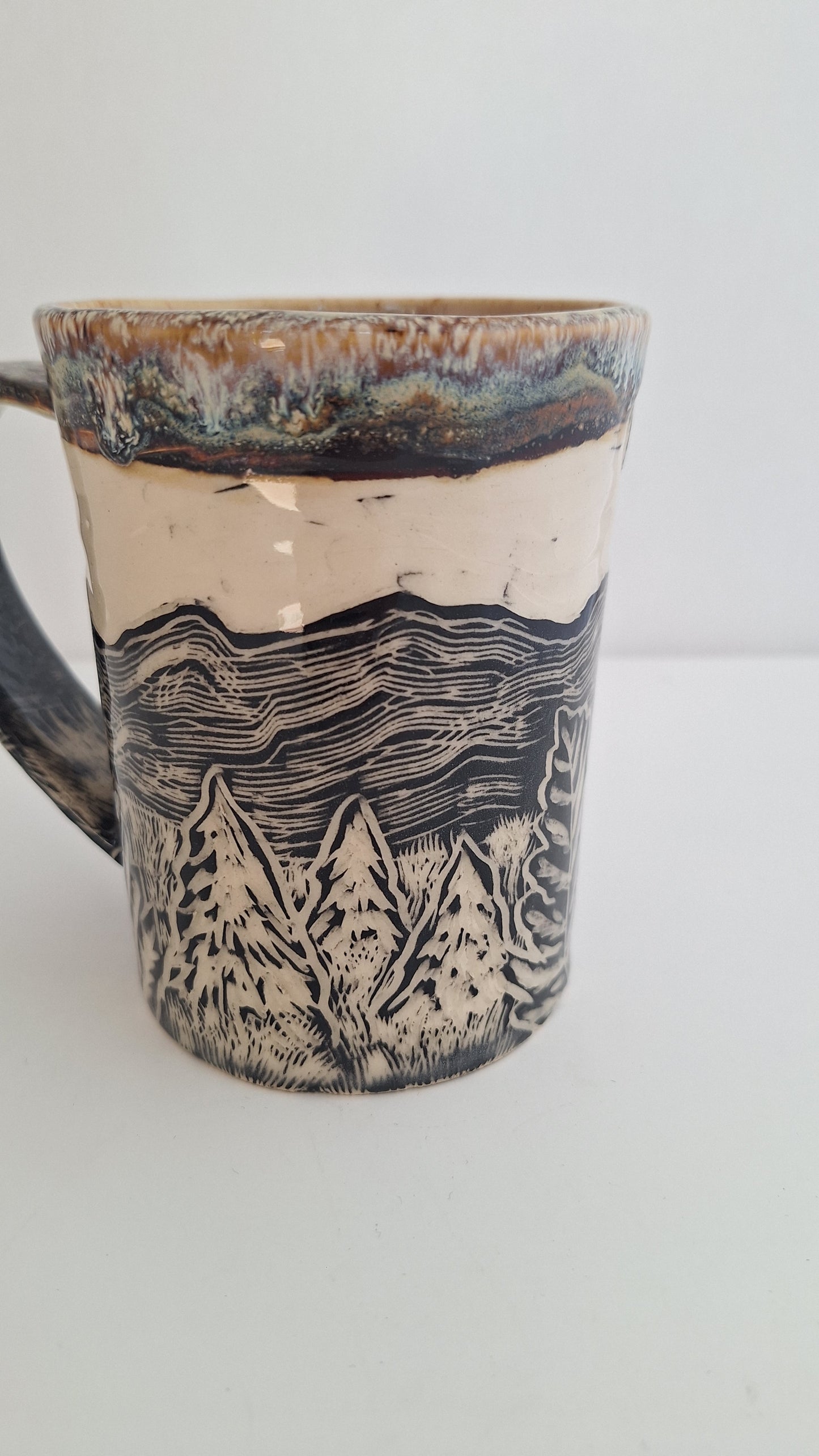 Endless Mountains - Hand Carved Botanical Stoneware Mug - One of a Kind Sgraffito Mug