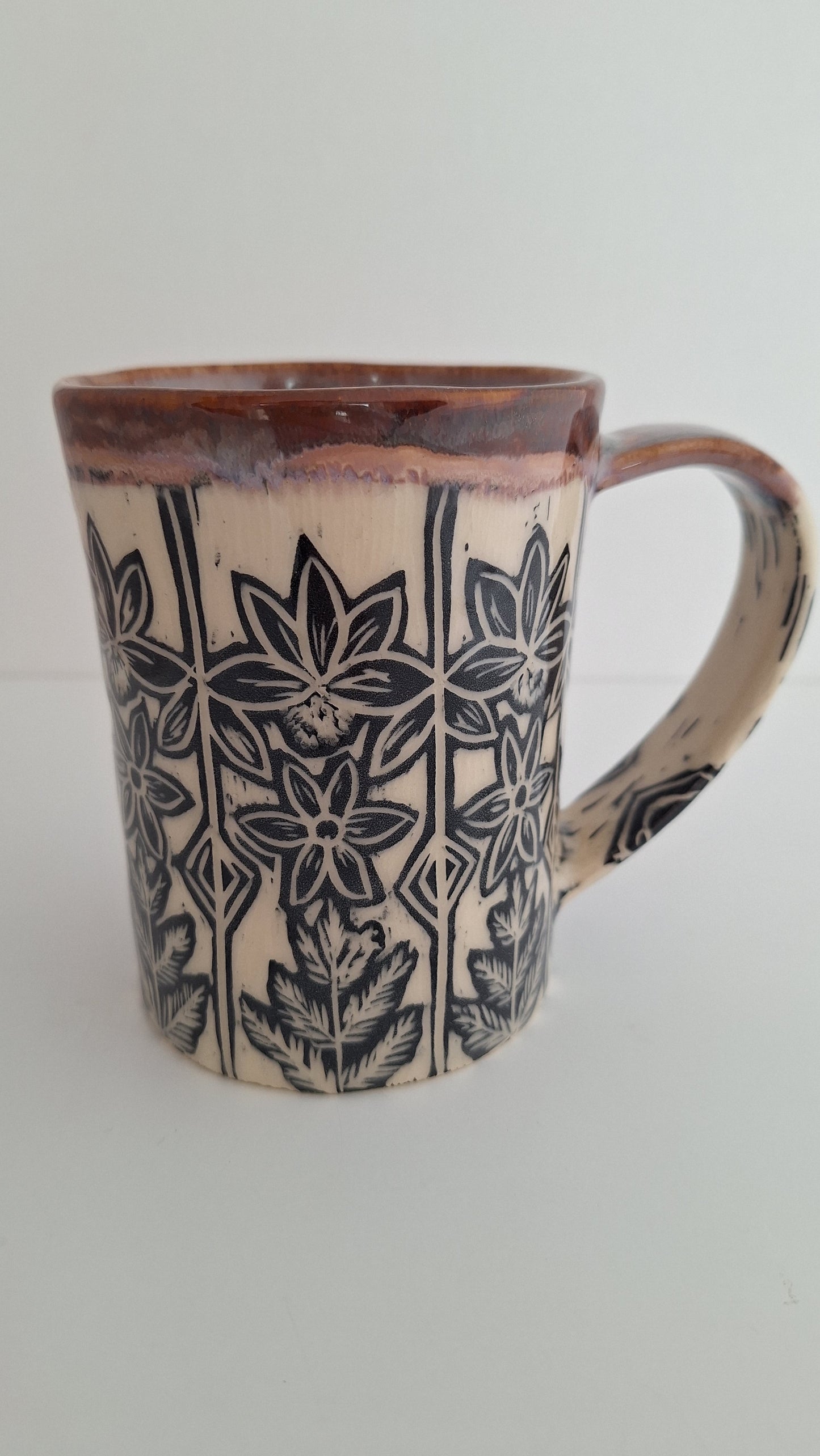 Hand Carved Botanical Stoneware Mug – Echinacea,  Ferns - One of a Kind Sgraffito Mug