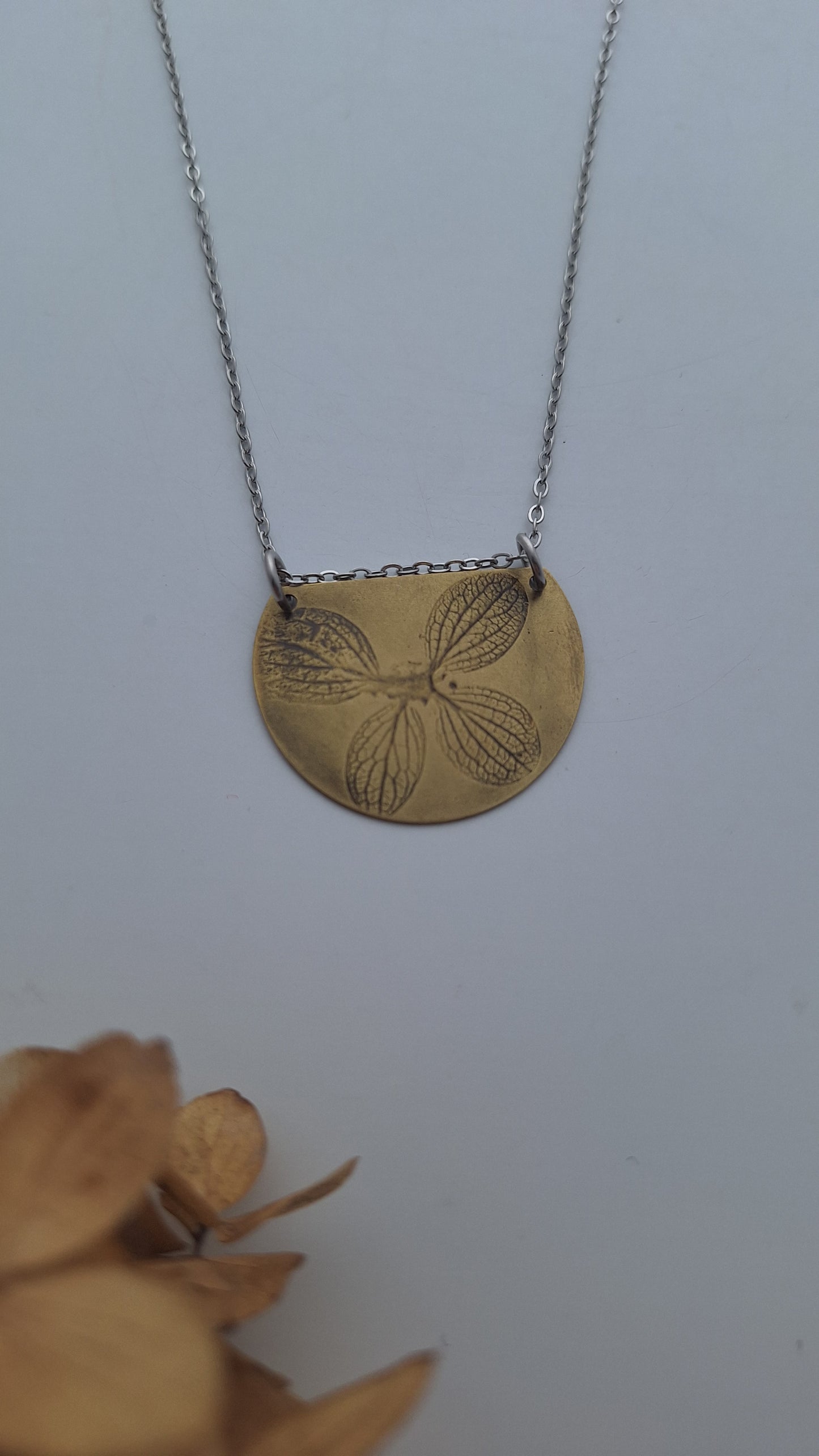Pressed Hydrangea Brass Necklace — Botanical Imprint (One of a Kind)