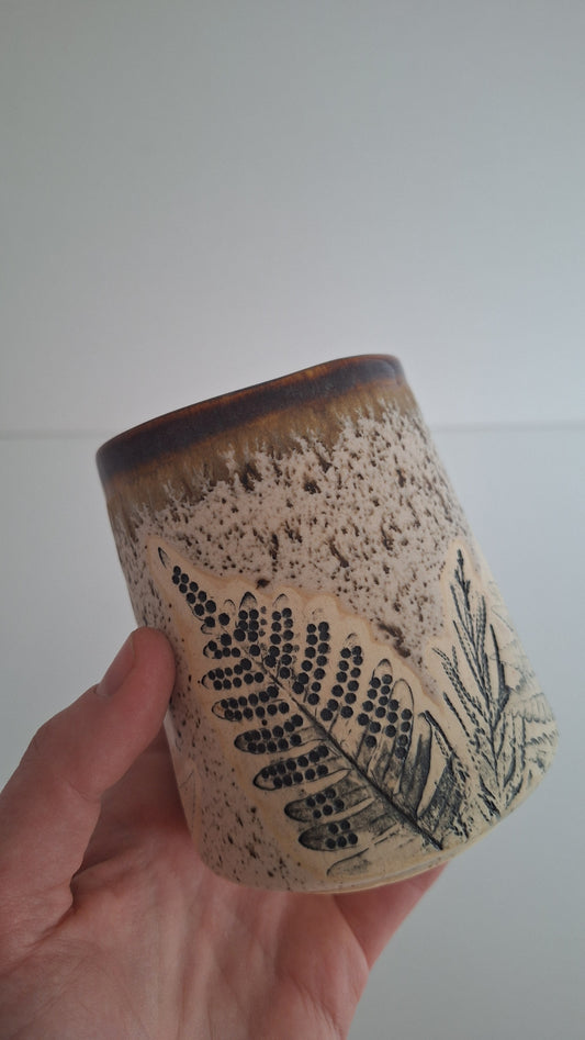 Botanical Imprint Stemless Wine Cup — One of a Kind Stoneware Tumbler - #5