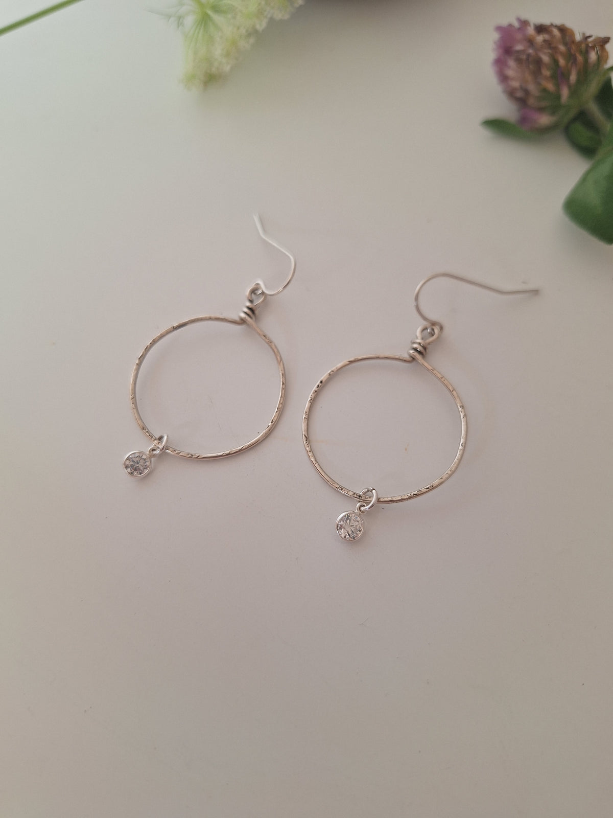 Hammered Hoop Earrings with gems - sterling