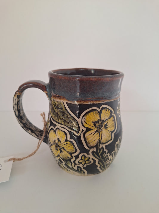 Wild Flora Mug - Hand Carved Botanical Stoneware - Sgraffito