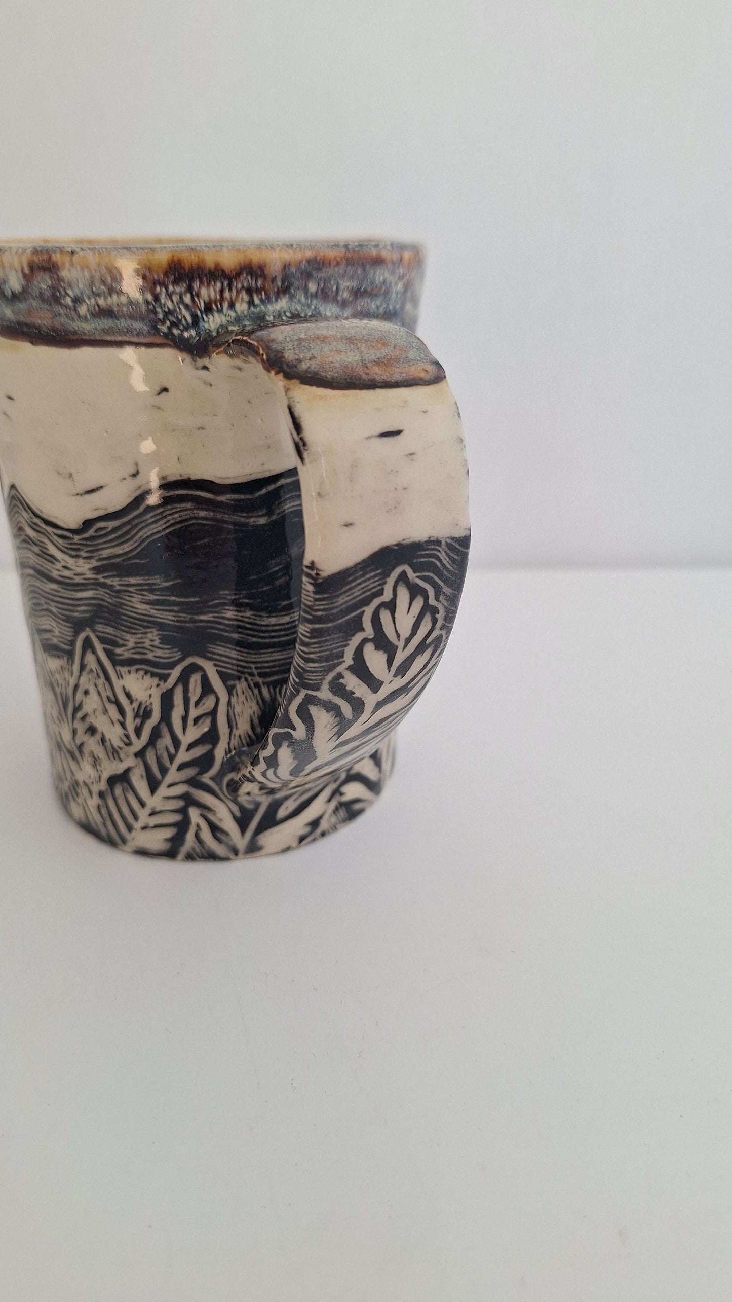 Endless Mountains - Hand Carved Botanical Stoneware Mug - One of a Kind Sgraffito Mug