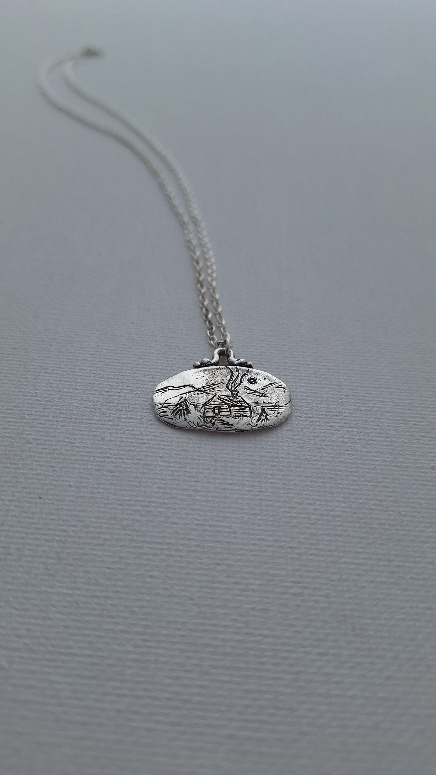 Hand Carved Sterling Silver Mountain Cabin Necklace – One of a Kind Landscape Pendant