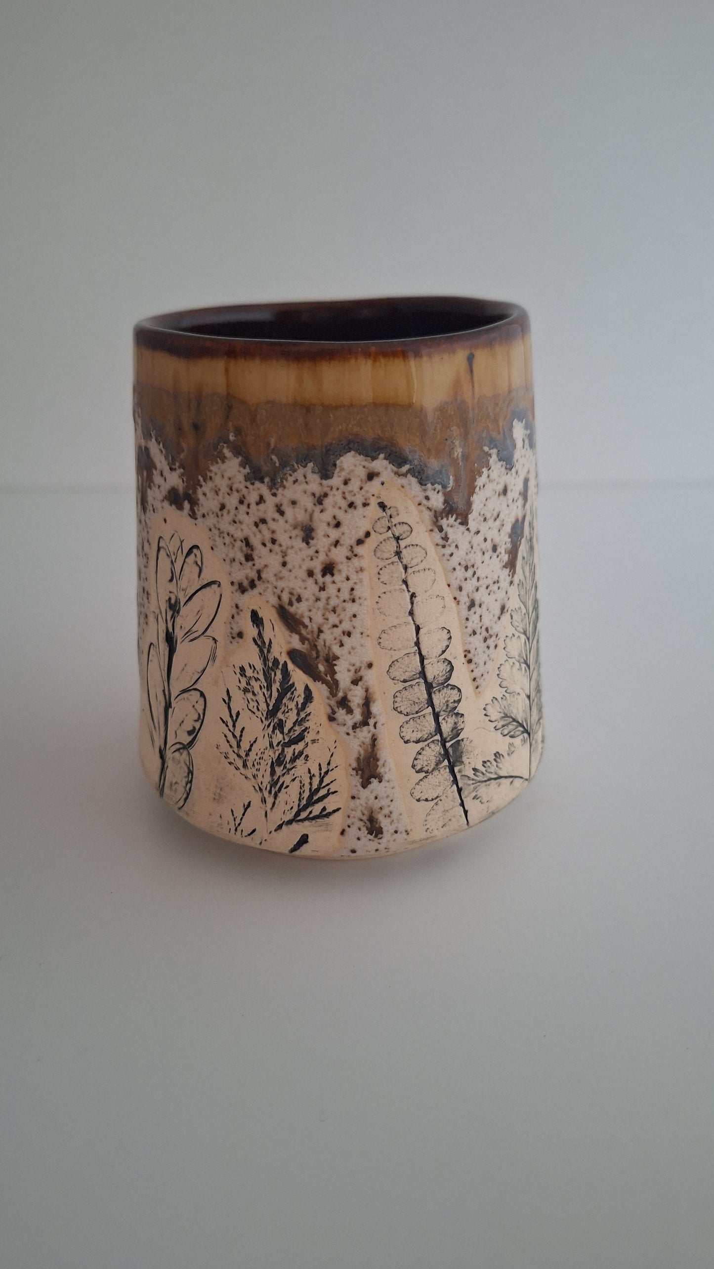 Botanical Imprint Stemless Wine Cup — One of a Kind Stoneware Tumbler - #4
