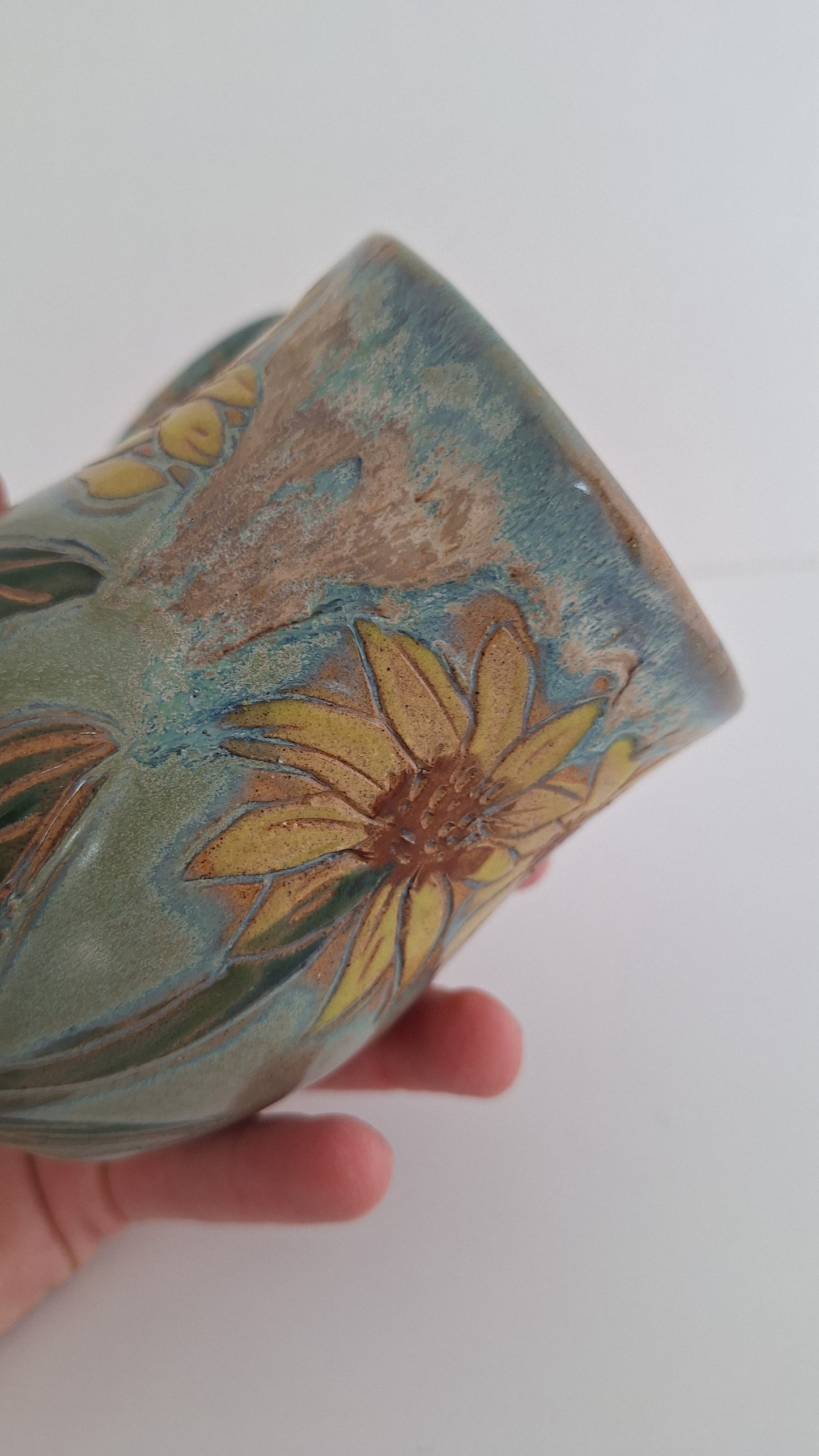 Hand Carved Botanical Stoneware Mug – Sunflowers - One of a Kind Sgraffito Mug