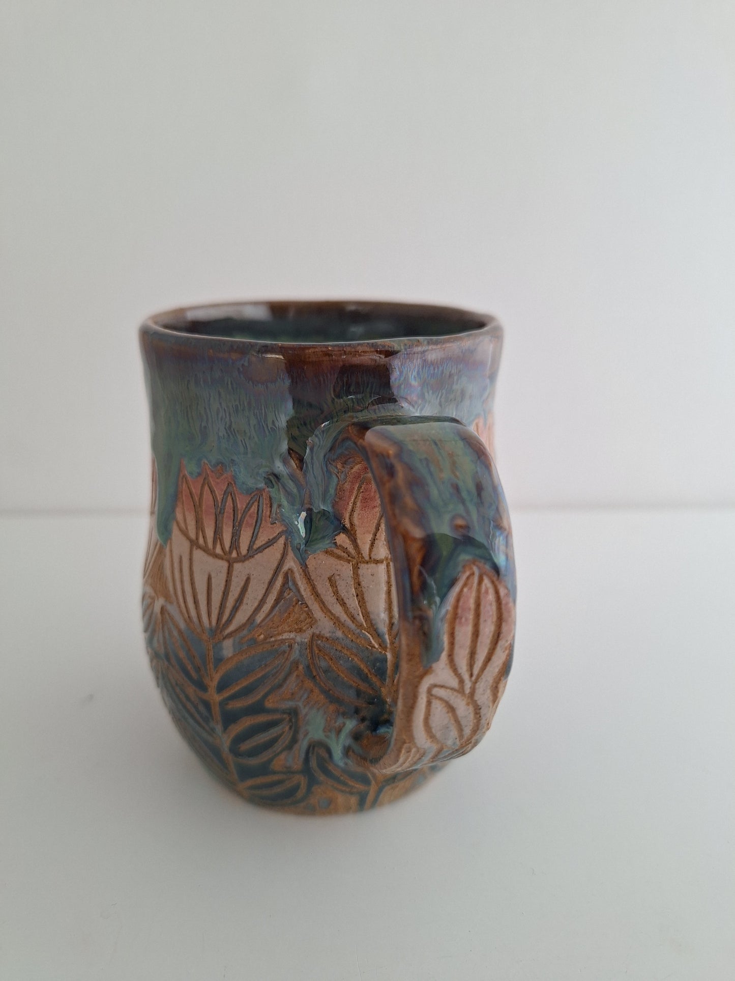 Hand Carved Botanical Stoneware Mug – Tulip Floral - One of a Kind Sgraffito Mug