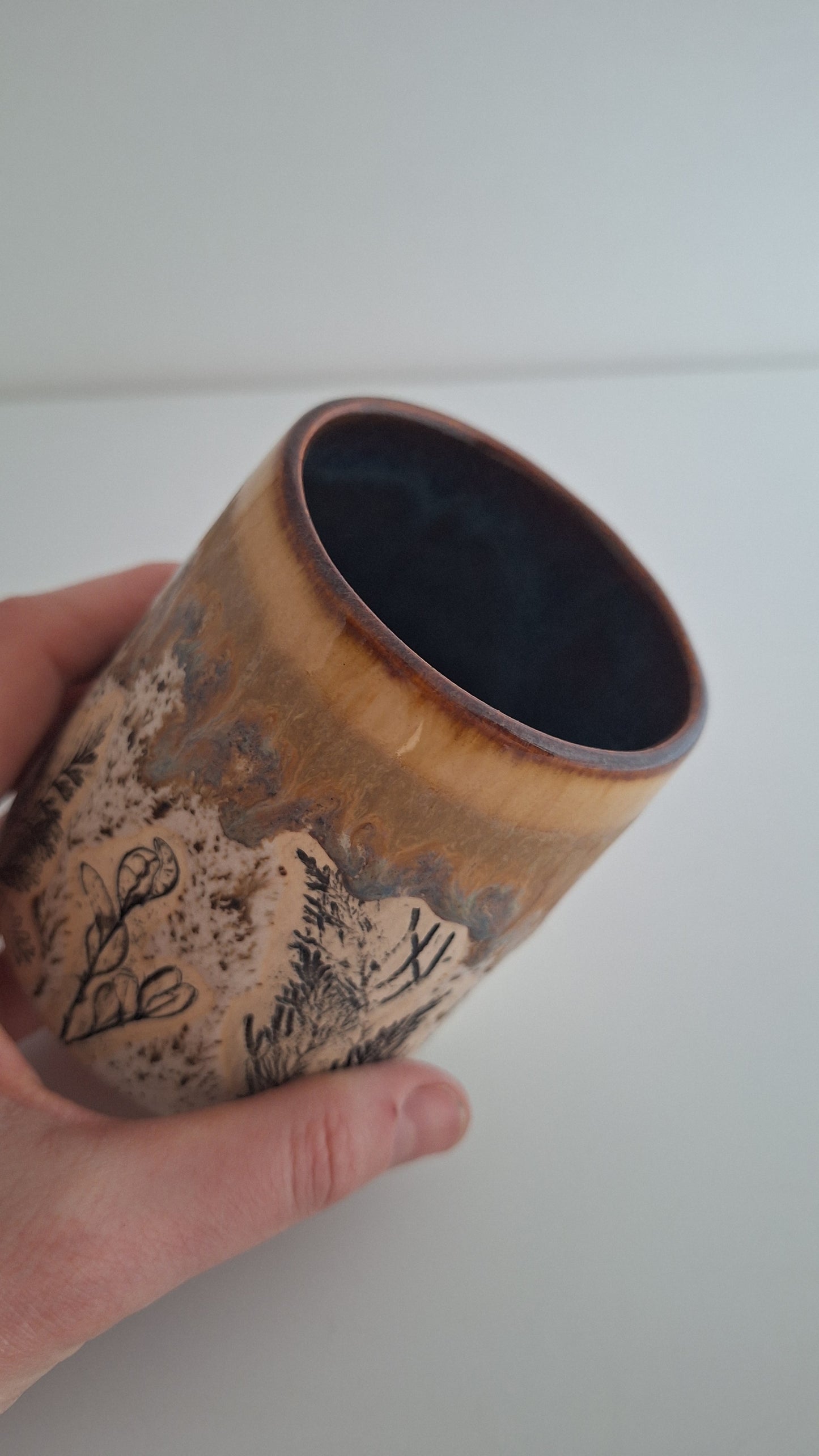 Botanical Imprint Stemless Wine Cup — One of a Kind Stoneware Tumbler - #1