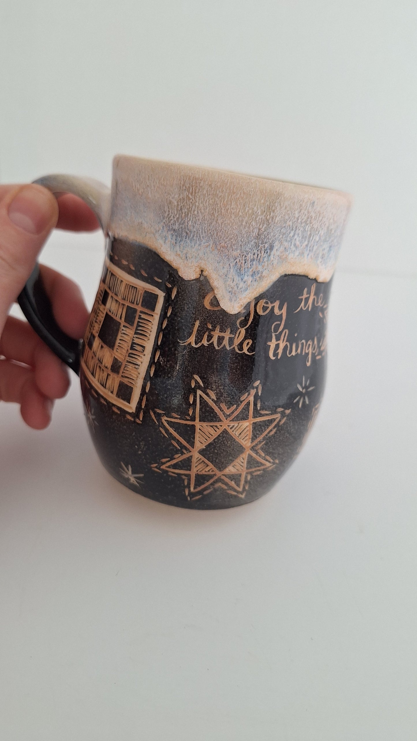*Second* Hand Carved Stoneware Mug – Simple Things, Quilt blocks - One of a Kind Sgraffito Mug