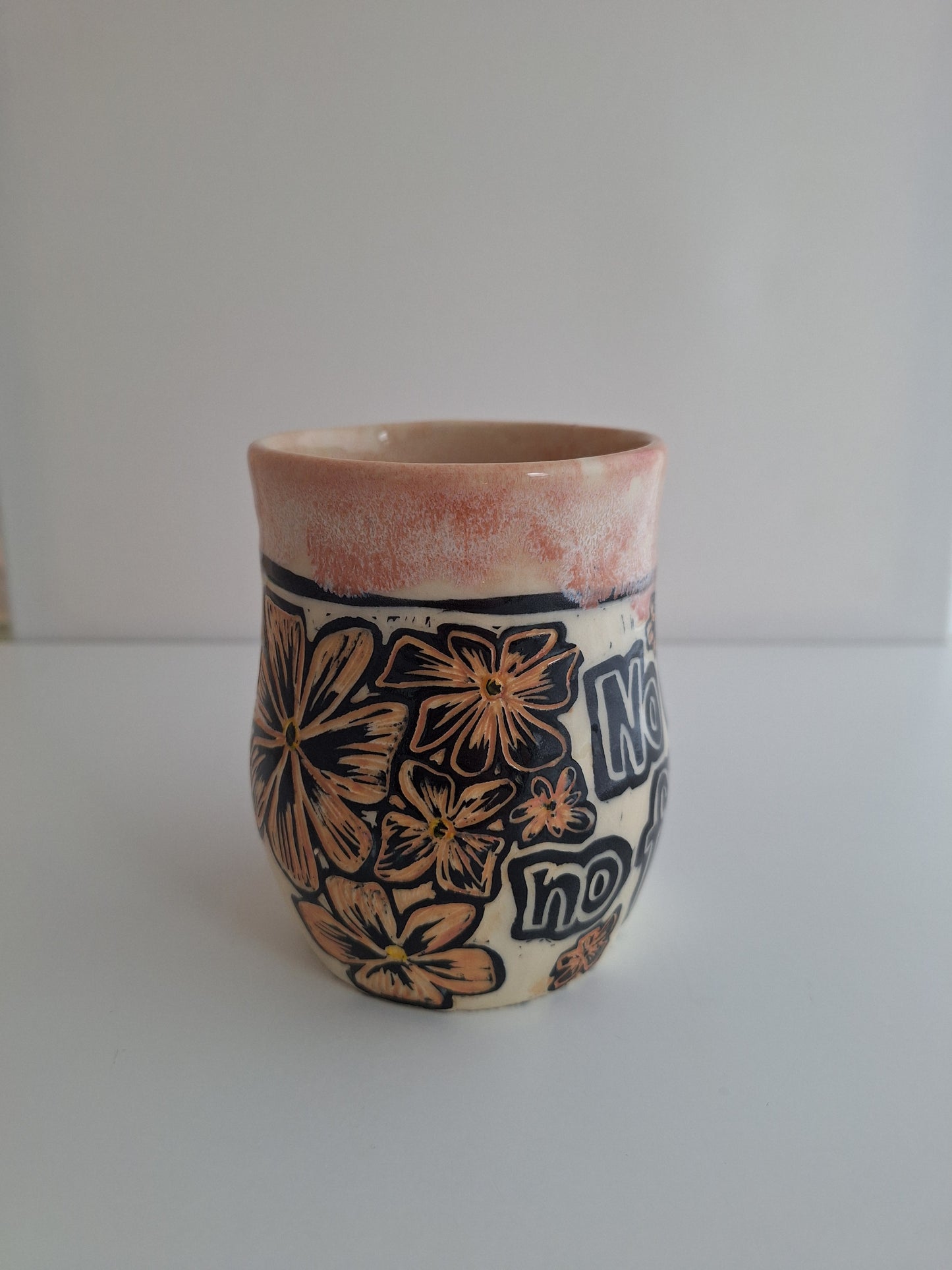 Hand-carved No Rain No Flowers Mug