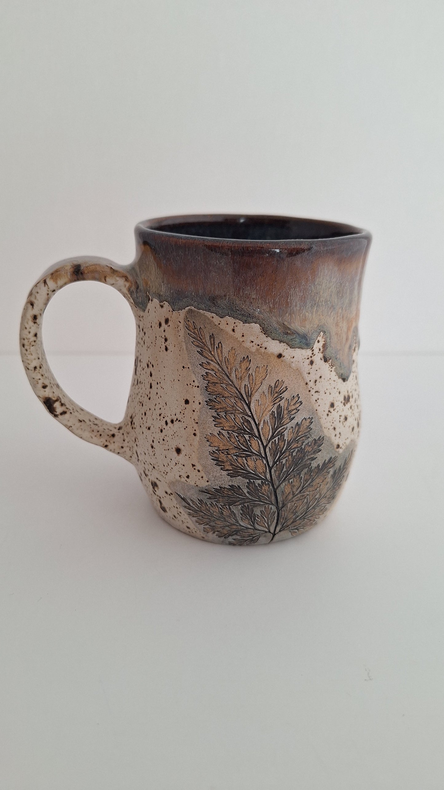Hand Pressed Botanical Stoneware Mug – Rabbits Foot Fern, One of a Kind Handmade Mug