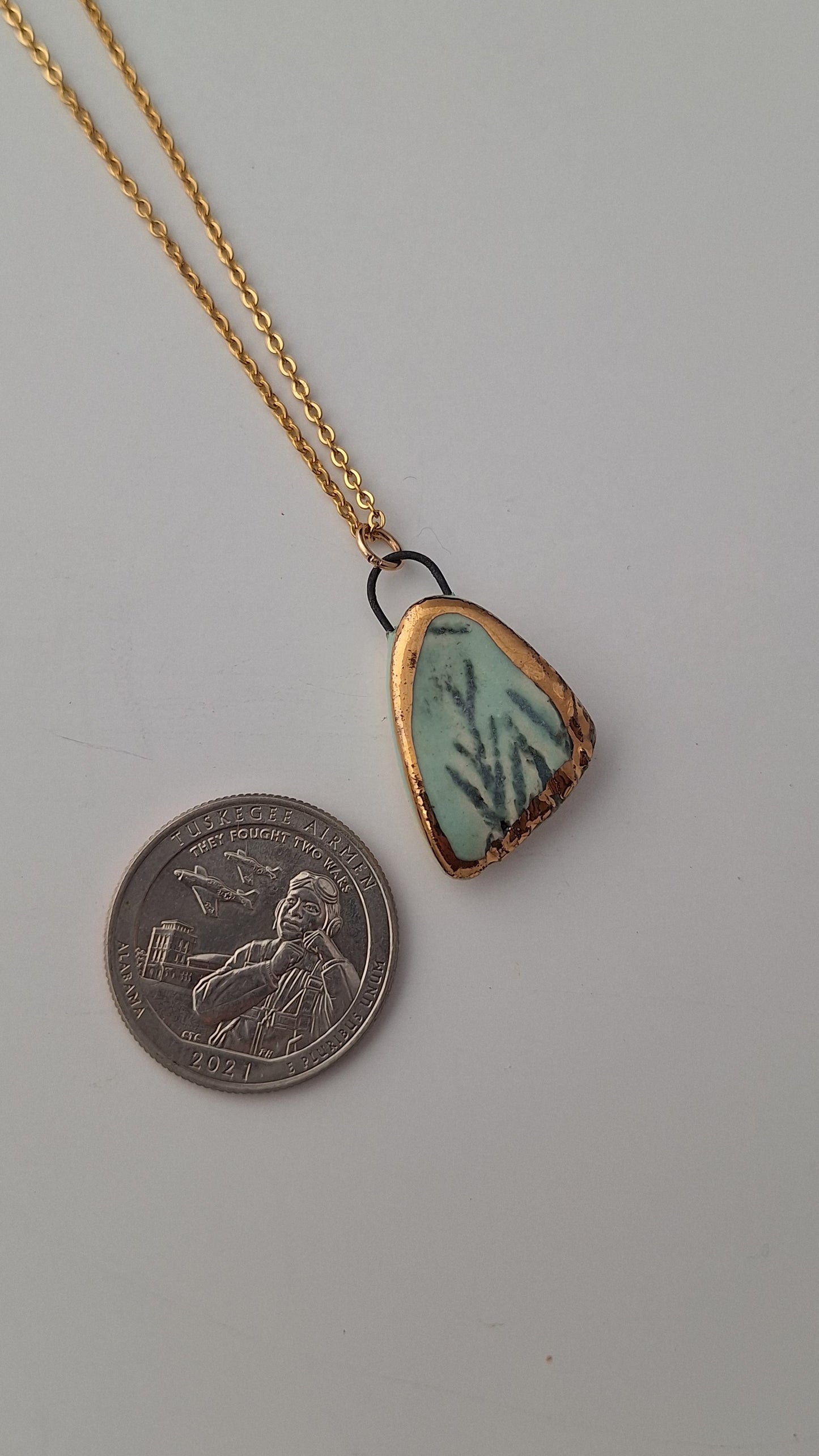 Turquoise Leaf Necklace - Ceramic - Gold