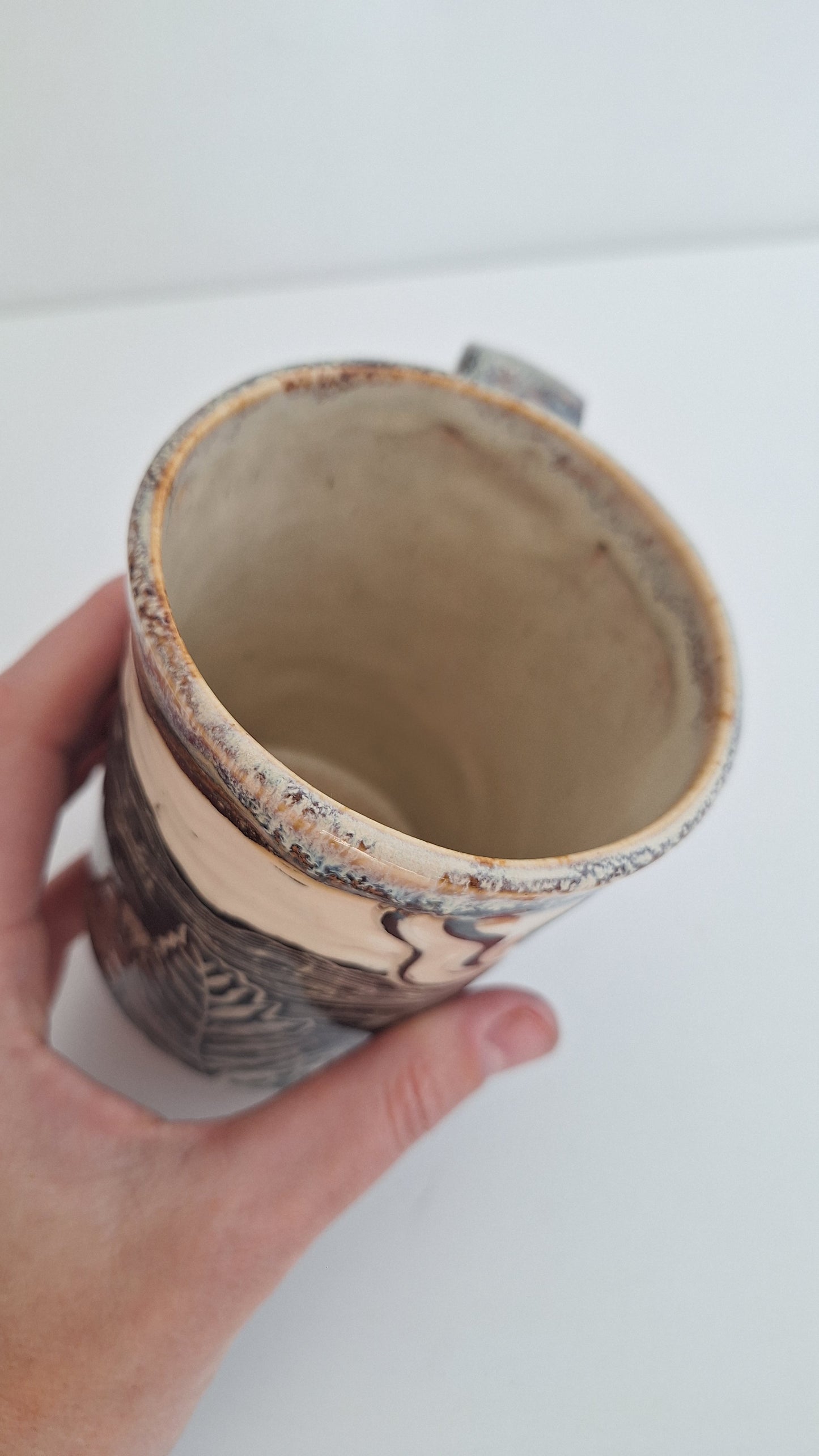 Endless Mountains - Hand Carved Botanical Stoneware Mug - One of a Kind Sgraffito Mug