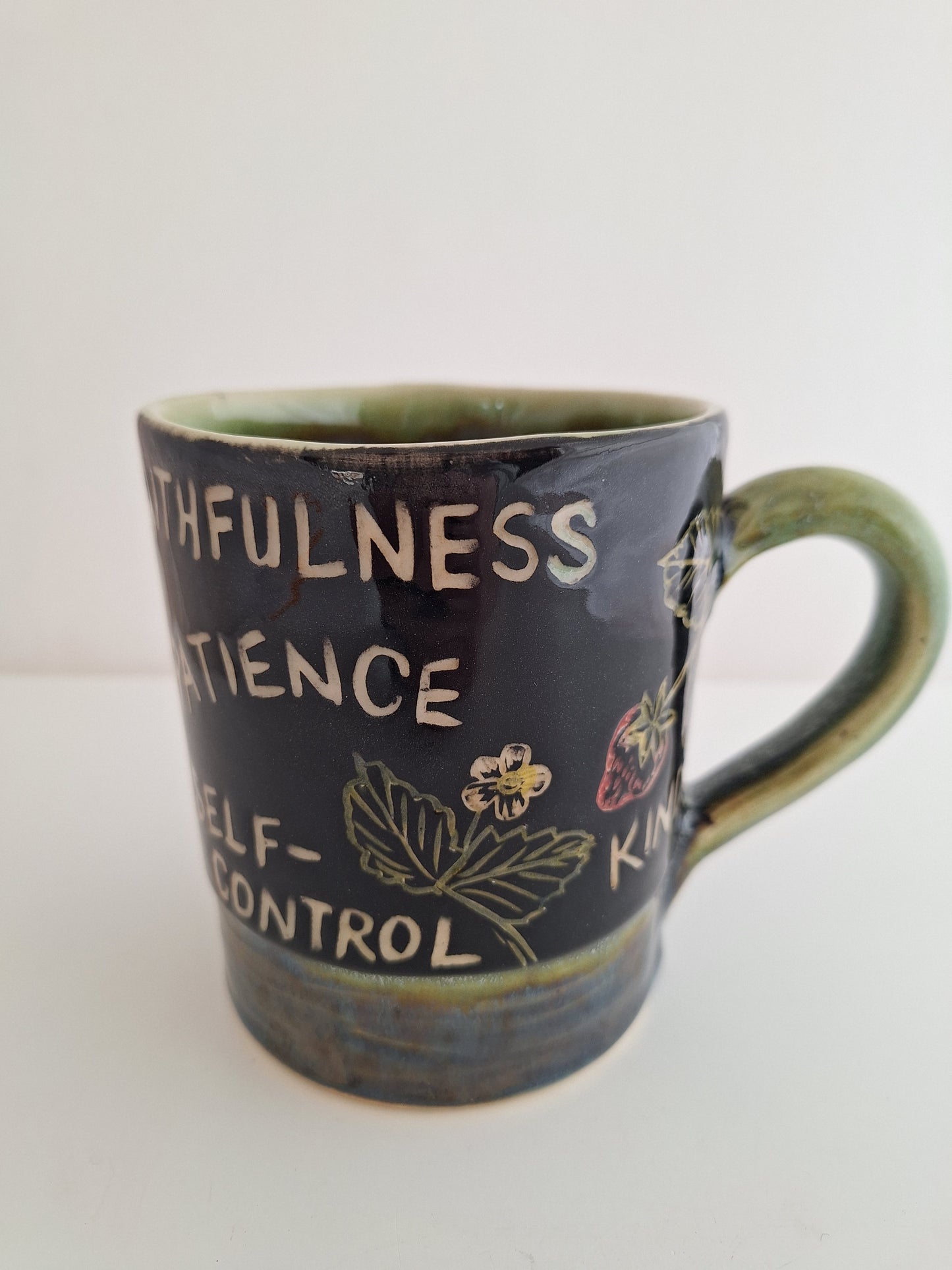 *Perfectly Imperfect* Hand-Carved Fruits of the Spirit Mug – One of a Kind Stoneware Mug