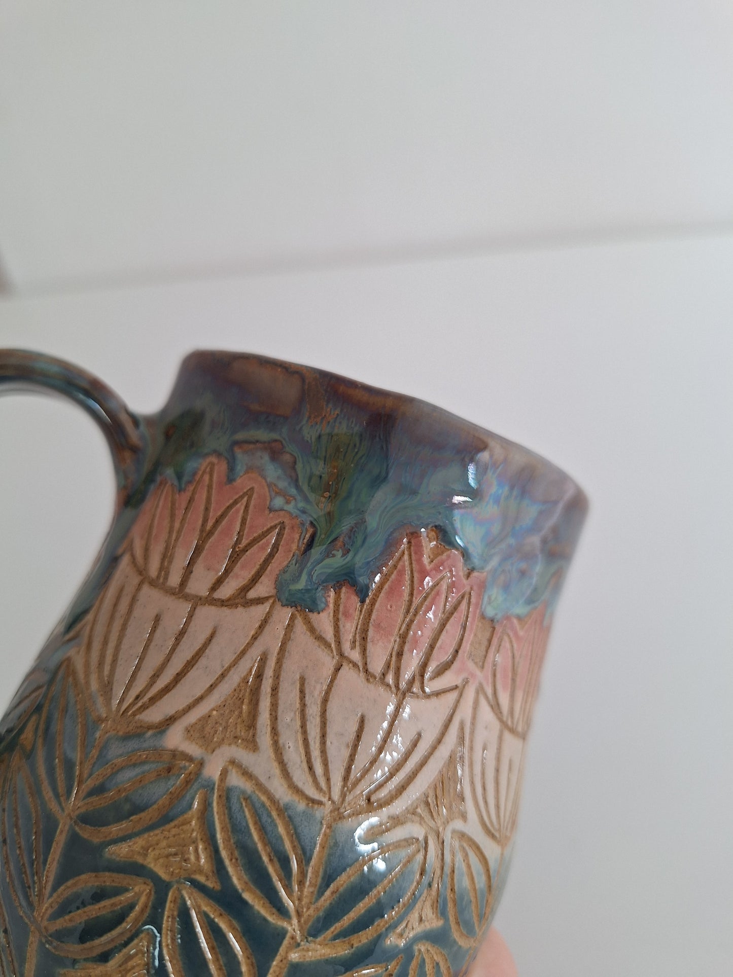 Hand Carved Botanical Stoneware Mug – Tulip Floral - One of a Kind Sgraffito Mug