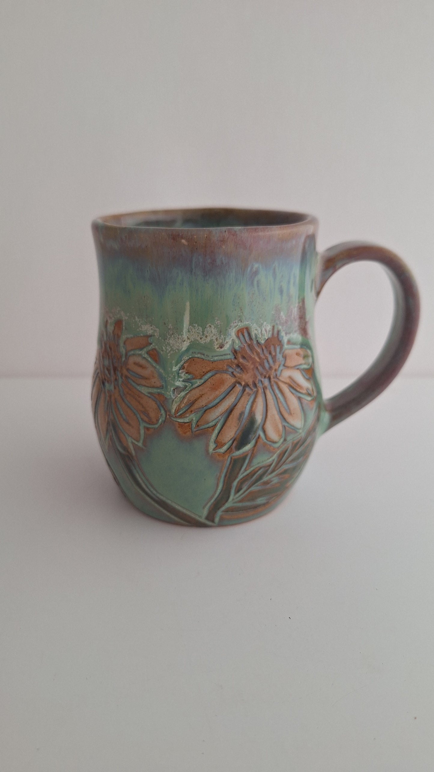 Hand Carved Botanical Stoneware Mug – Sunflowers - One of a Kind Sgraffito Mug
