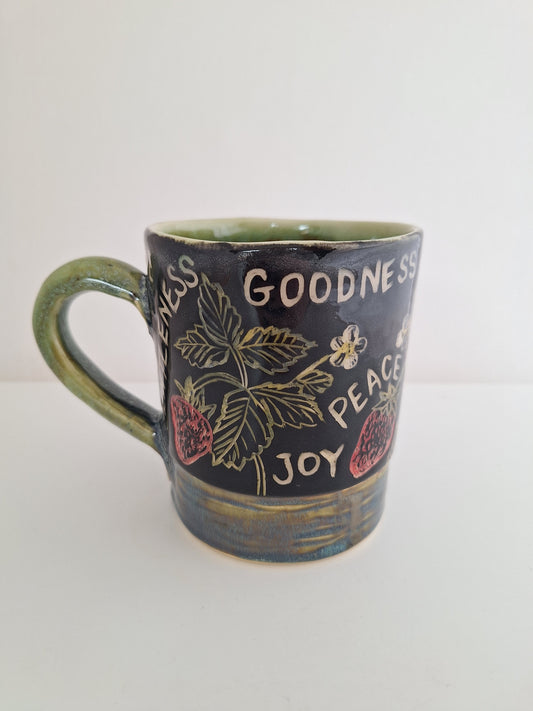 *Perfectly Imperfect* Hand-Carved Fruits of the Spirit Mug – One of a Kind Stoneware Mug