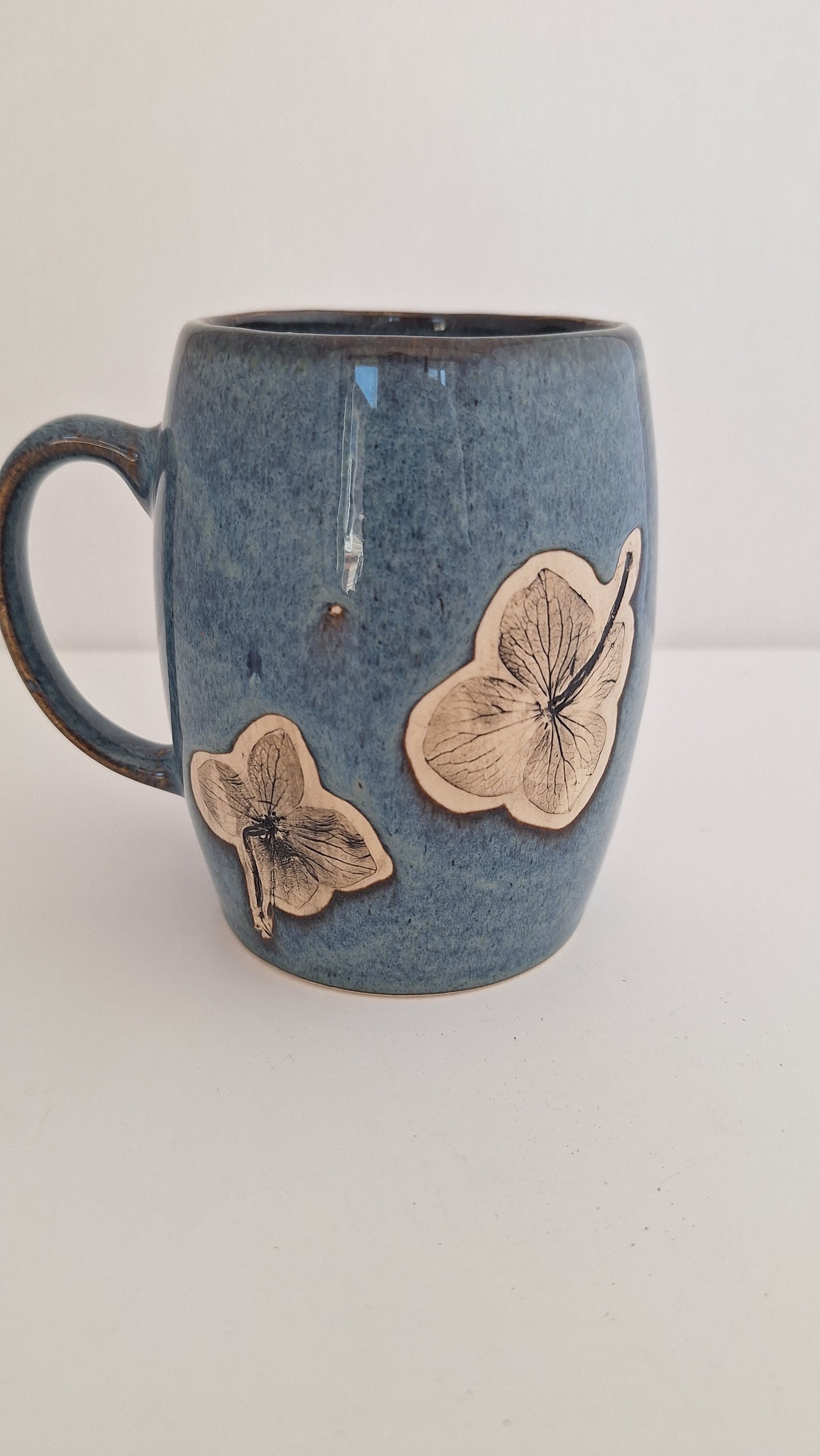 Hand Pressed Botanical Stoneware Mug – Hydrangeas, One of a Kind Handmade Mug