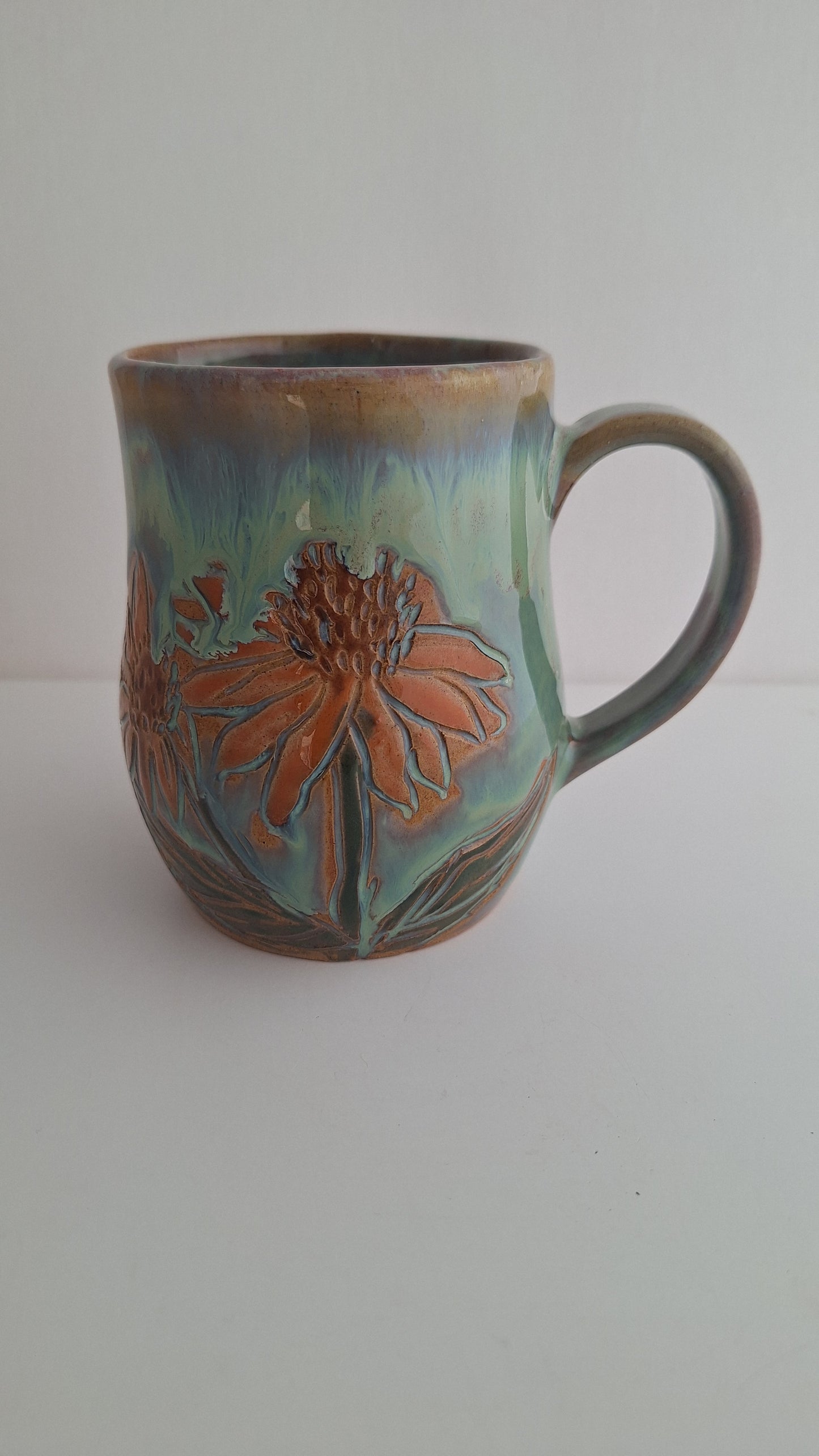 Hand Carved Botanical Stoneware Mug – Sunflowers - One of a Kind Sgraffito Mug